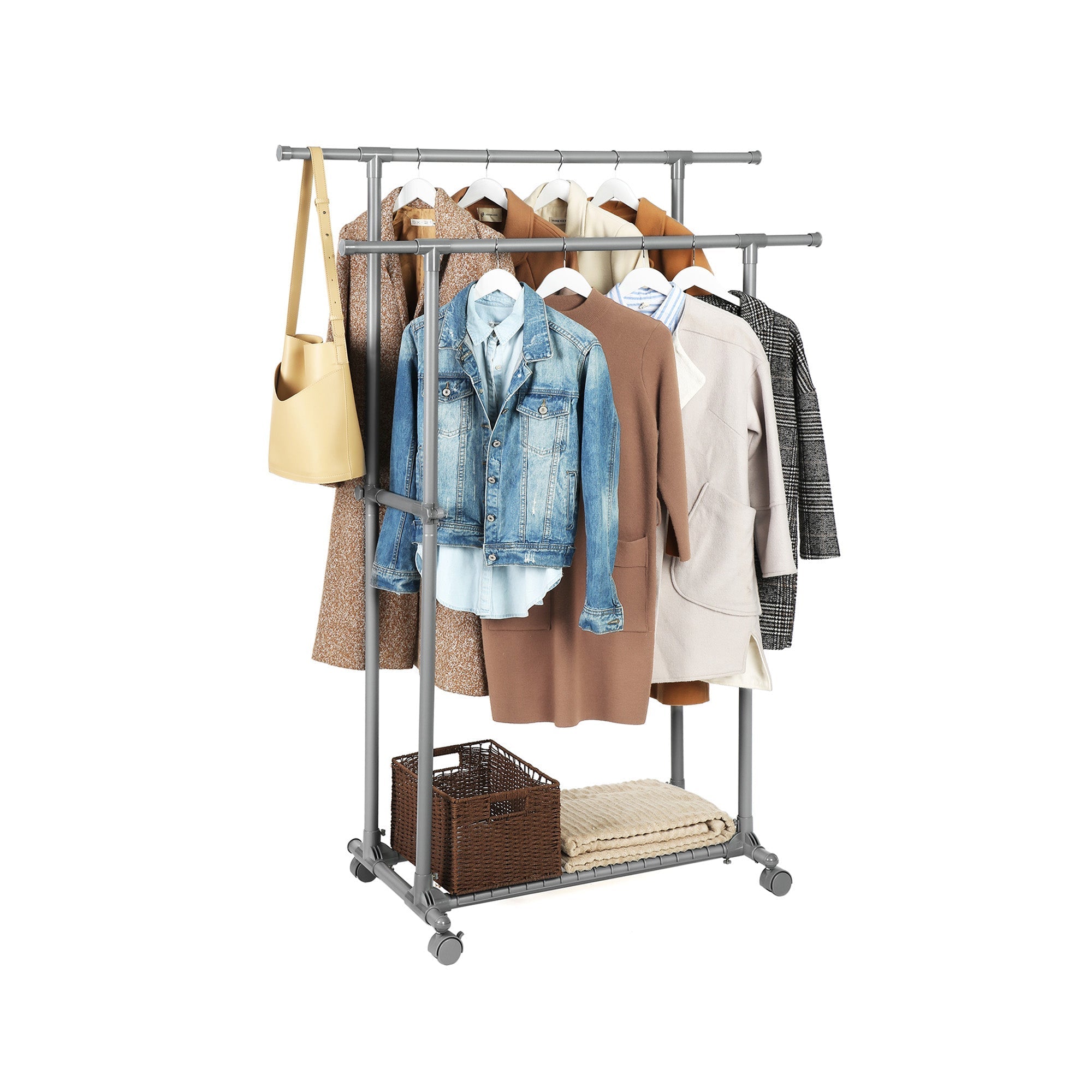 Kledingrek op wielen – Uittrekbare stangen – Grijs