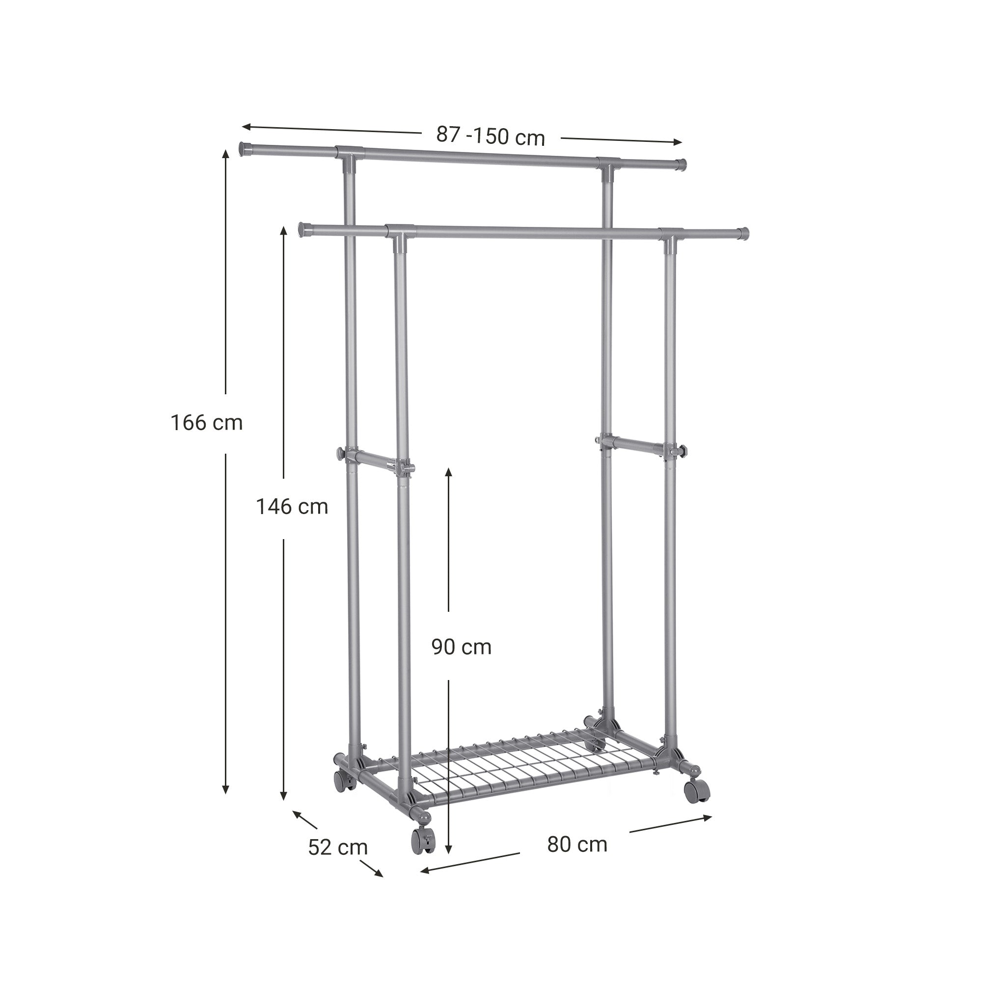 Kledingrek 120 x 46 x 160 cm – Uitschuifbare stangen – Met zijstangen – Tot 70 kg draagvermogen