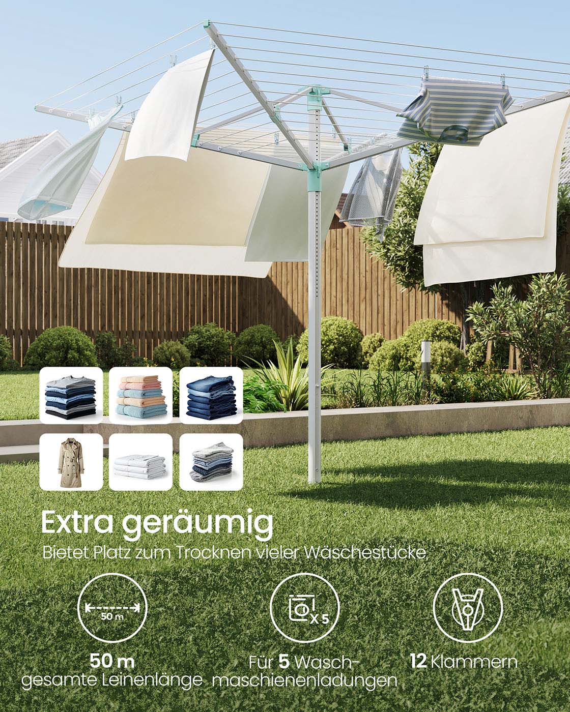 Droogmolen 50 meter – Verstelbaar en stabiel – Zilver/Groen