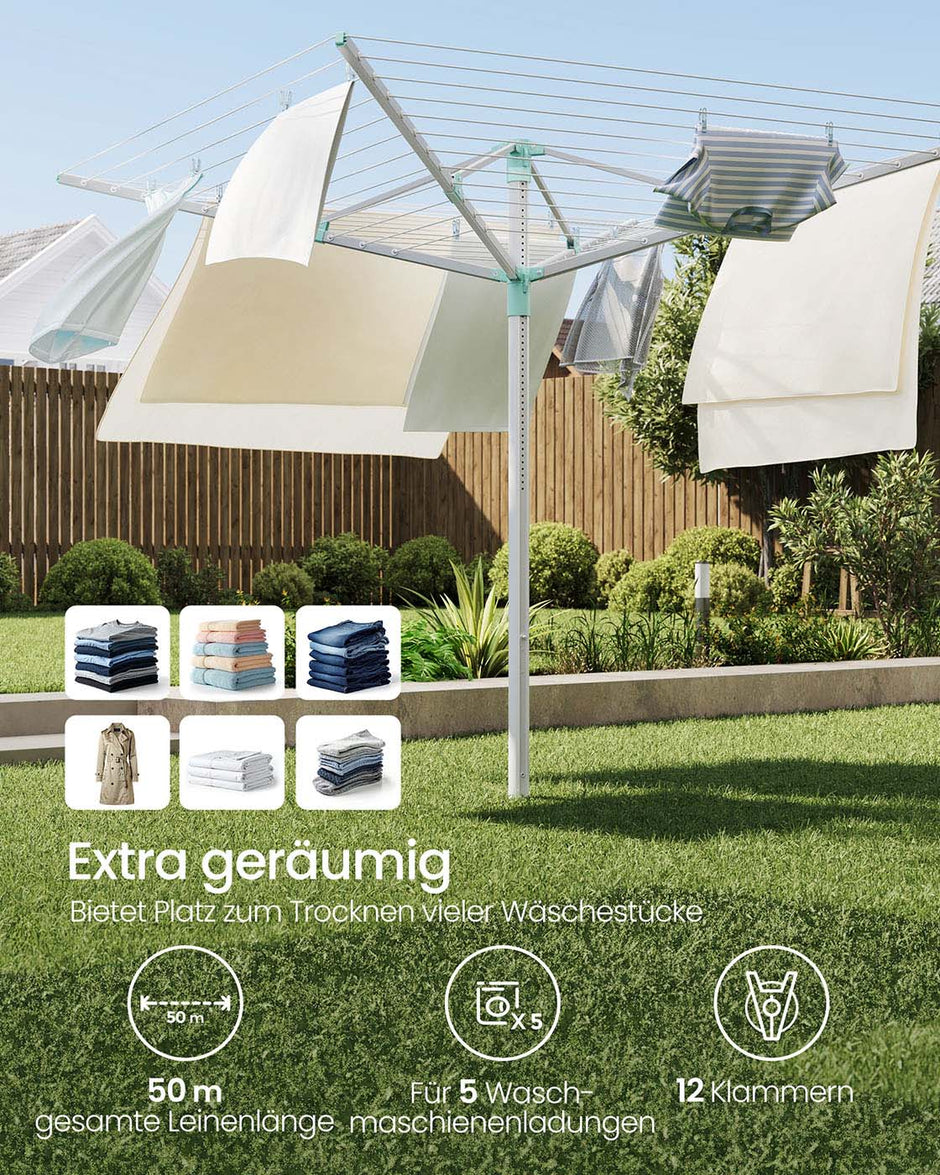 Droogmolen 50 meter – Verstelbaar en stabiel – Zilver/Groen