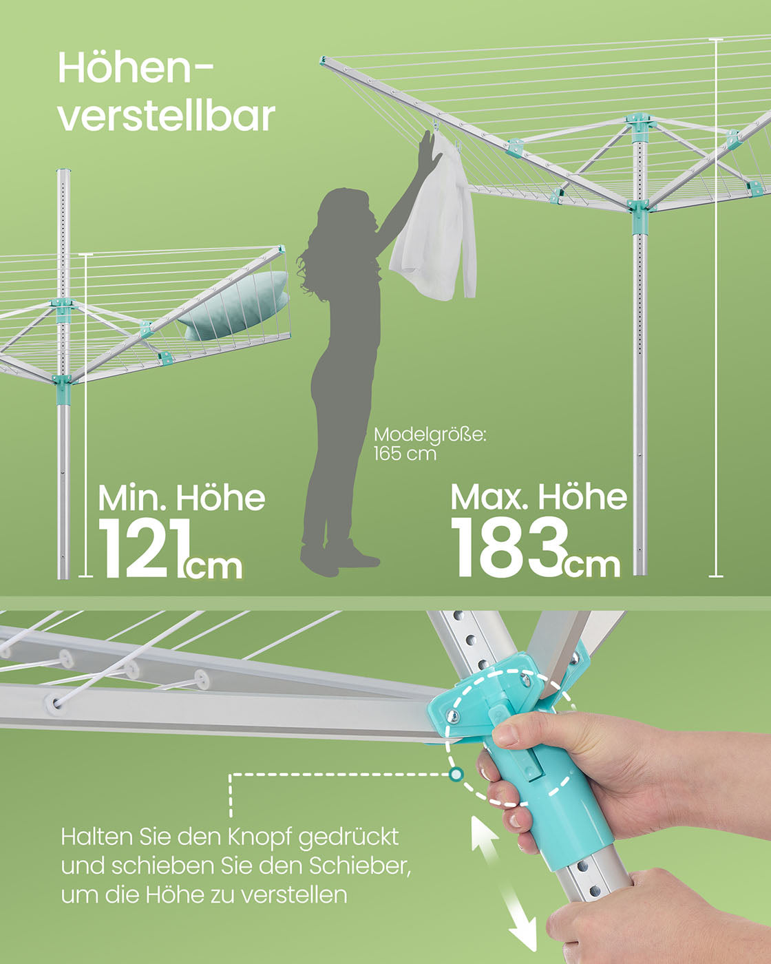 Droogmolen 50 meter – Verstelbaar en stabiel – Zilver/Groen