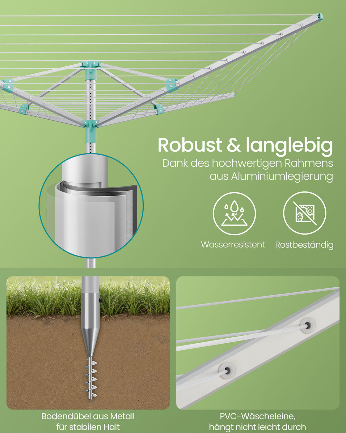 Droogmolen 50 meter – Verstelbaar en stabiel – Zilver/Groen