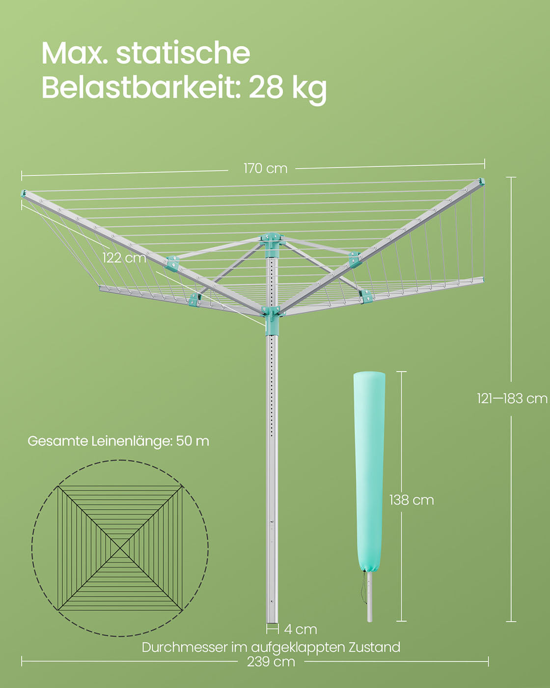 Droogmolen 50 meter – Verstelbaar en stabiel – Zilver/Groen