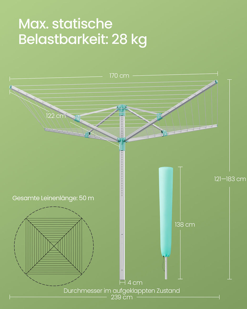Droogmolen 50 meter – Verstelbaar en stabiel – Zilver/Groen