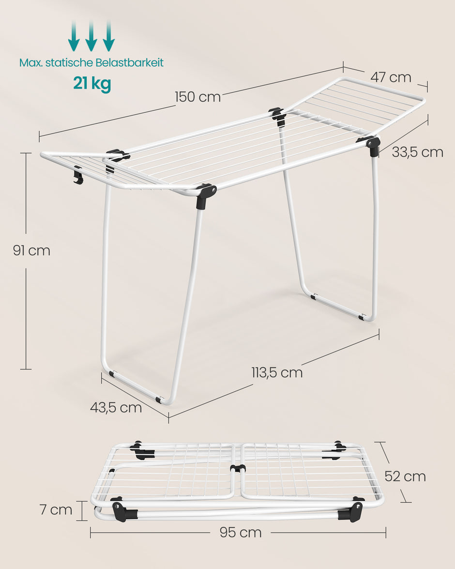 Wasrek - Inklapbaar van Staal - Ruimtebesparend - Wit - 47 x 150 x 91 cm