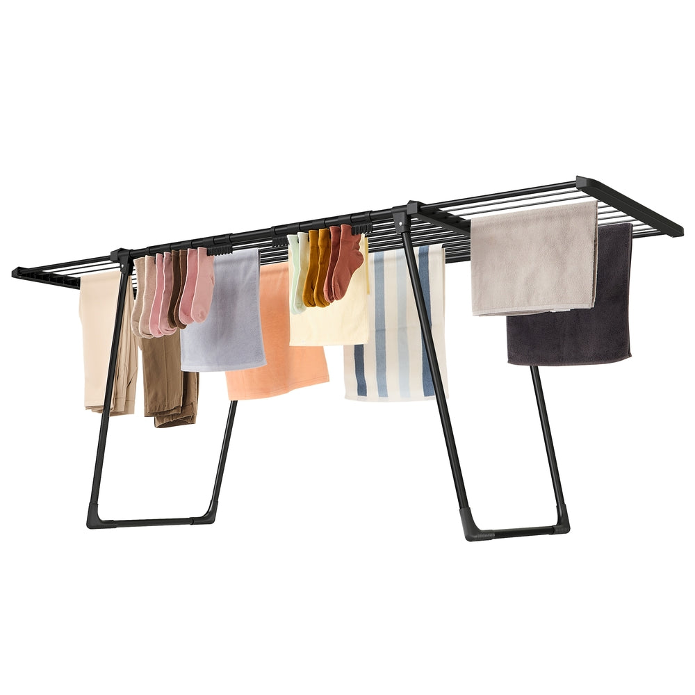 Wasdroogrek - 62,5 x (113,5-200) x 90 cm - 22 m² droogoppervlak - uitschuifbare zijvleugels - opvouwbaar - zwart - maximale draagkracht 24 kg