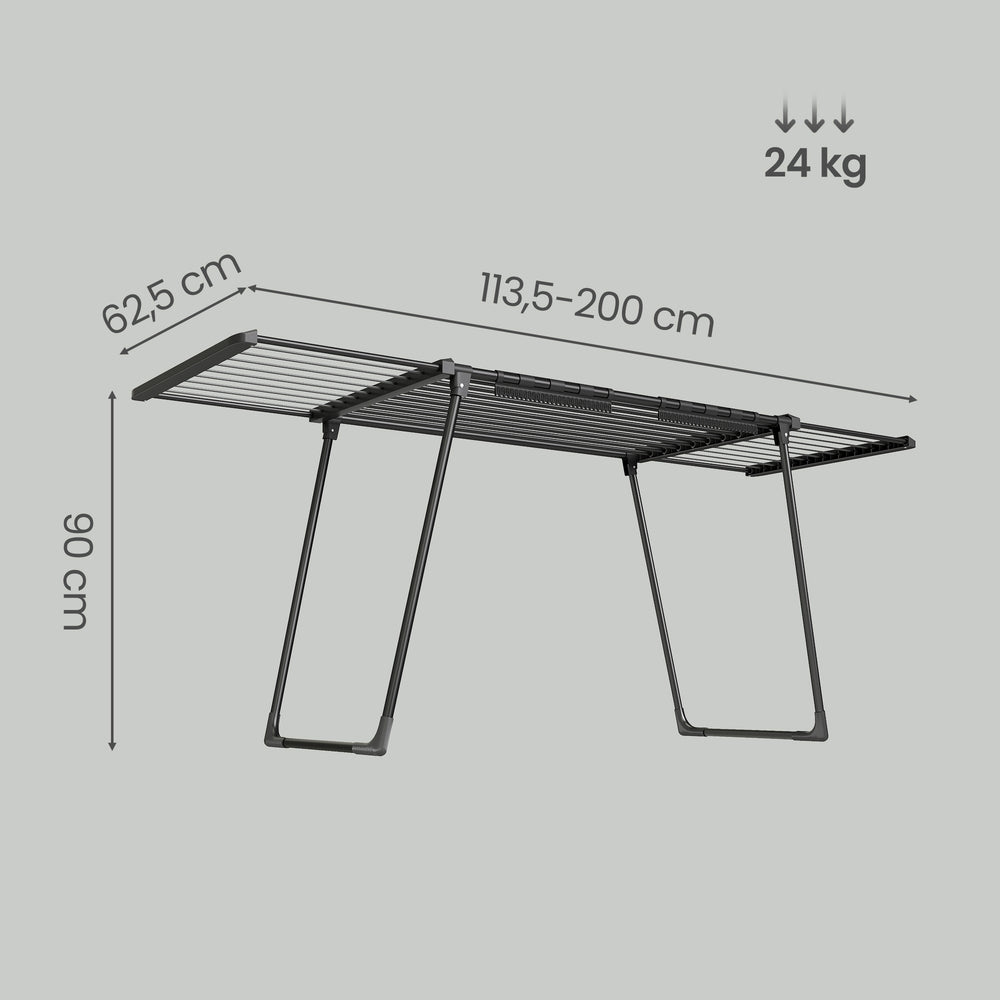 Wasdroogrek - 62,5 x (113,5-200) x 90 cm - 22 m² droogoppervlak - uitschuifbare zijvleugels - opvouwbaar - zwart - maximale draagkracht 24 kg