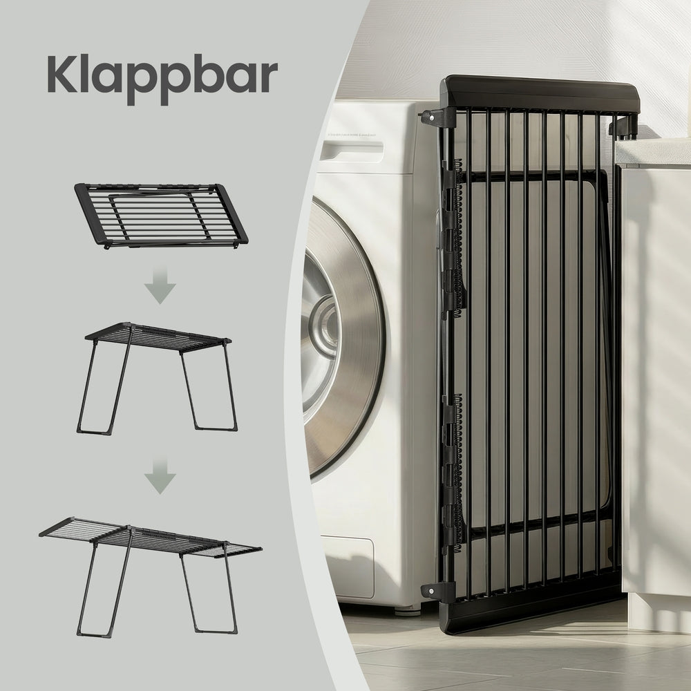 Wasdroogrek - 62,5 x (113,5-200) x 90 cm - 22 m² droogoppervlak - uitschuifbare zijvleugels - opvouwbaar - zwart - maximale draagkracht 24 kg