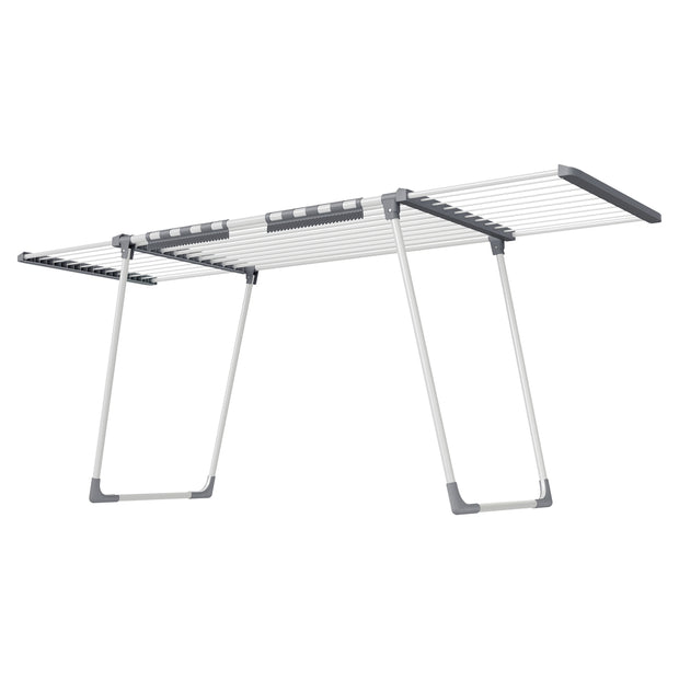 Wasdroogrek - 62,5 x (113,5-200) x 90 cm - 22 m² droogoppervlak - uitschuifbare zijvleugels - opvouwbaar - wit-grijs - maximale draagkracht 24 kg