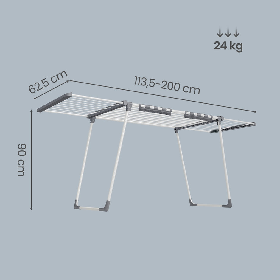 Wasdroogrek - 62,5 x (113,5-200) x 90 cm - 22 m² droogoppervlak - uitschuifbare zijvleugels - opvouwbaar - wit-grijs - maximale draagkracht 24 kg