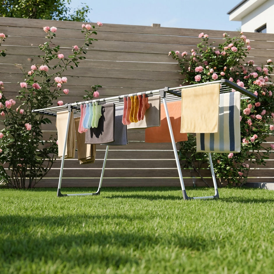 Wasdroogrek - 62,5 x (113,5-200) x 90 cm - 22 m² droogoppervlak - uitschuifbare zijvleugels - opvouwbaar - wit-grijs - maximale draagkracht 24 kg