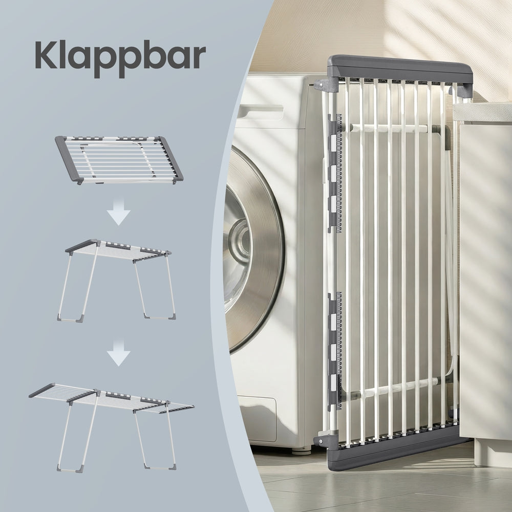 Wasdroogrek - 62,5 x (113,5-200) x 90 cm - 22 m² droogoppervlak - uitschuifbare zijvleugels - opvouwbaar - wit-grijs - maximale draagkracht 24 kg