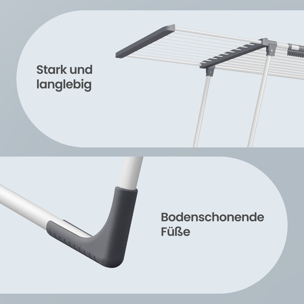 Wasdroogrek - 62,5 x (113,5-200) x 90 cm - 22 m² droogoppervlak - uitschuifbare zijvleugels - opvouwbaar - wit-grijs - maximale draagkracht 24 kg