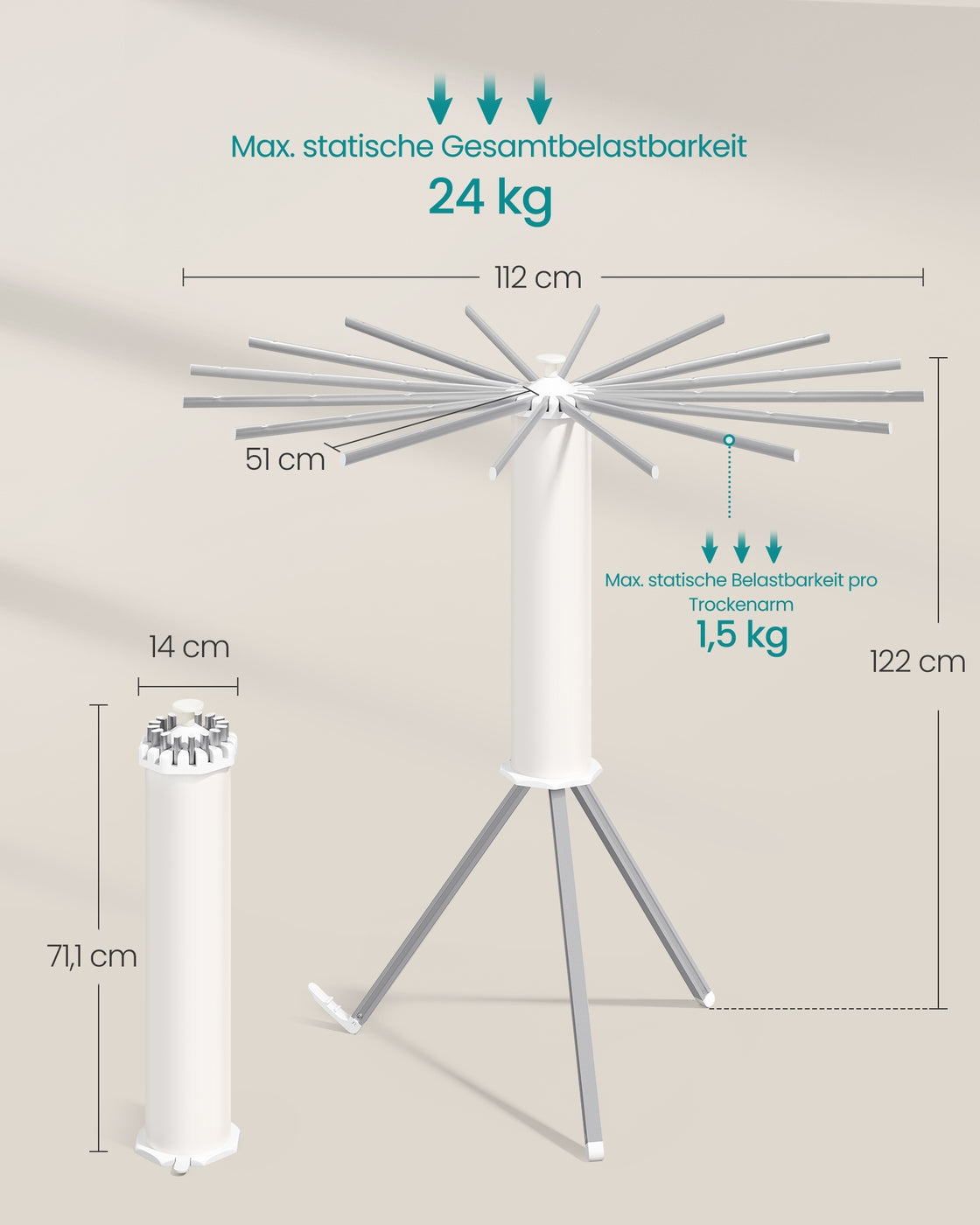 Wasdroogrek - 112 x 112 x 122 cm - Opvouwbaar - Draagbaar - Zilver - Max. draagkracht 24 kg