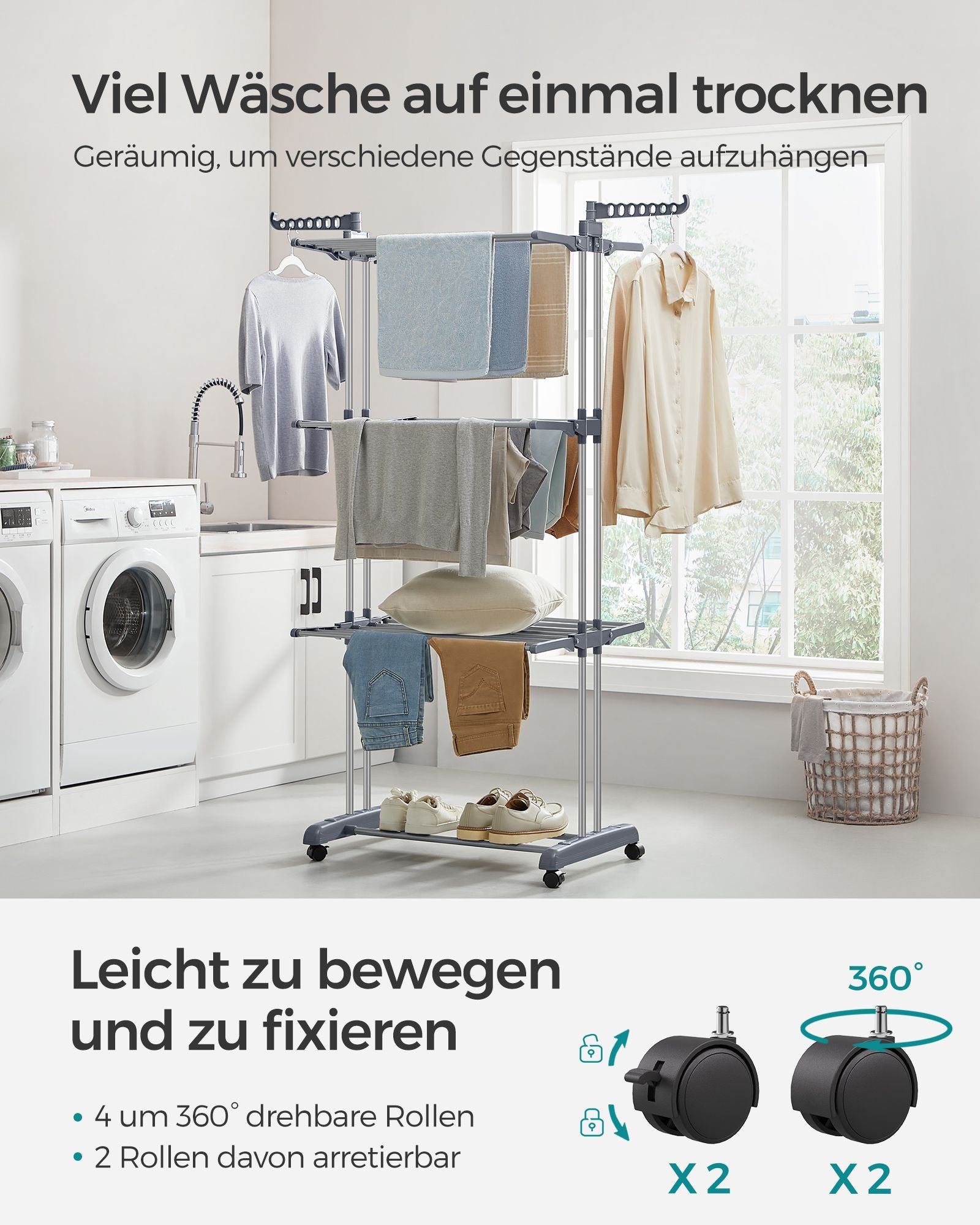 Droogrek – 4 niveaus – inklapbare vleugels – grijze wielen