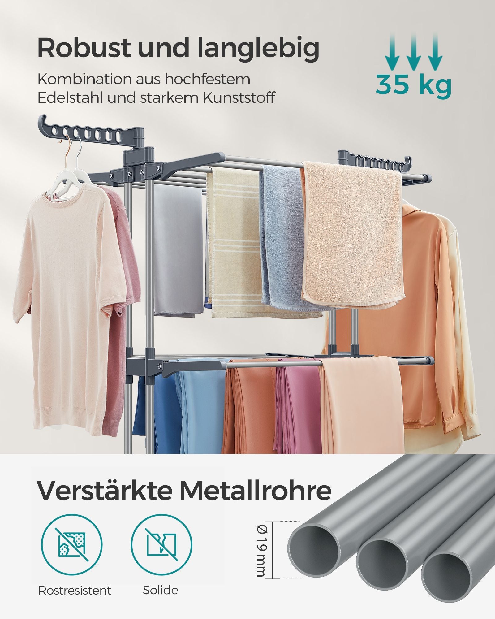 Droogrek – 4 niveaus – inklapbare vleugels – grijze wielen