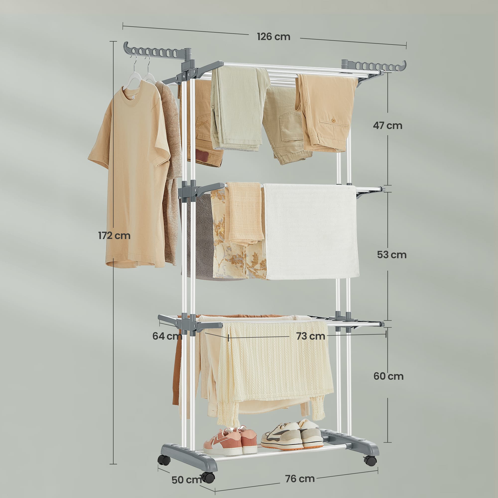 Droogrek – Opvouwbaar Wasrek – 173 cm Hoog – Roestvrij Staal – Grijs