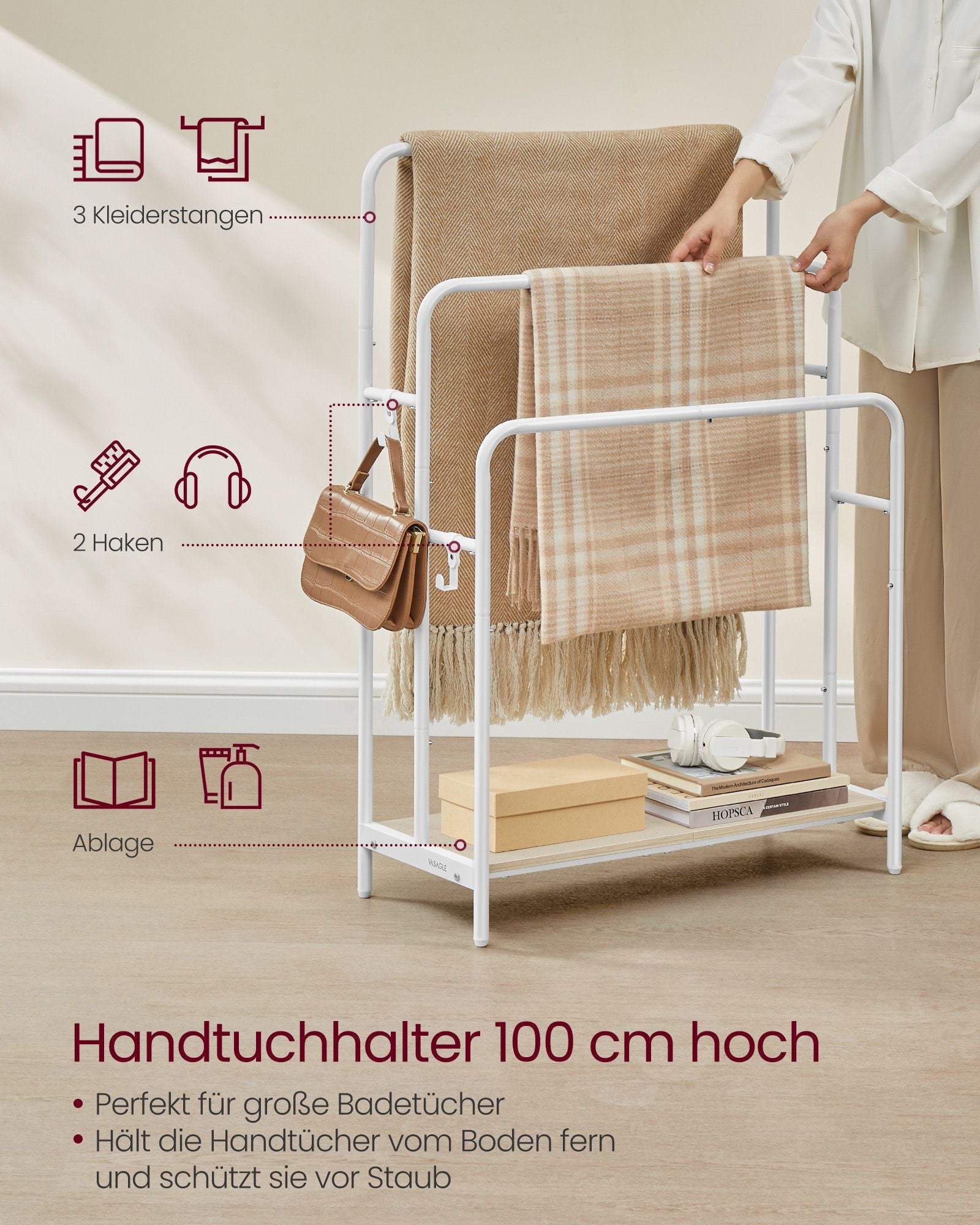 Handdoekhouder – 3 Stangen – Wolk Wit-Naturel Beige