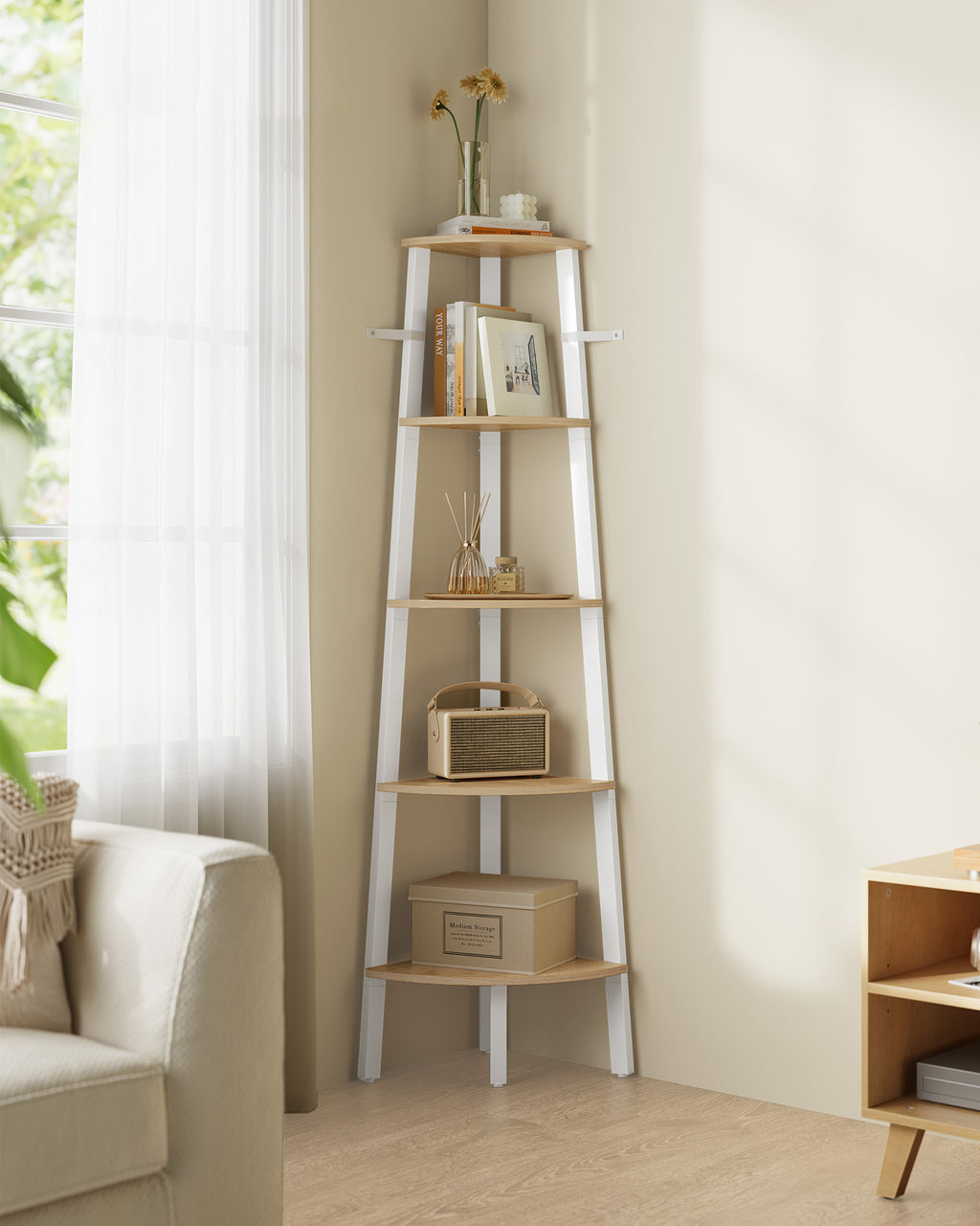 Boekenkast 5 Niveaus Industrieel Naturel Eiken Kleur Mat Wit