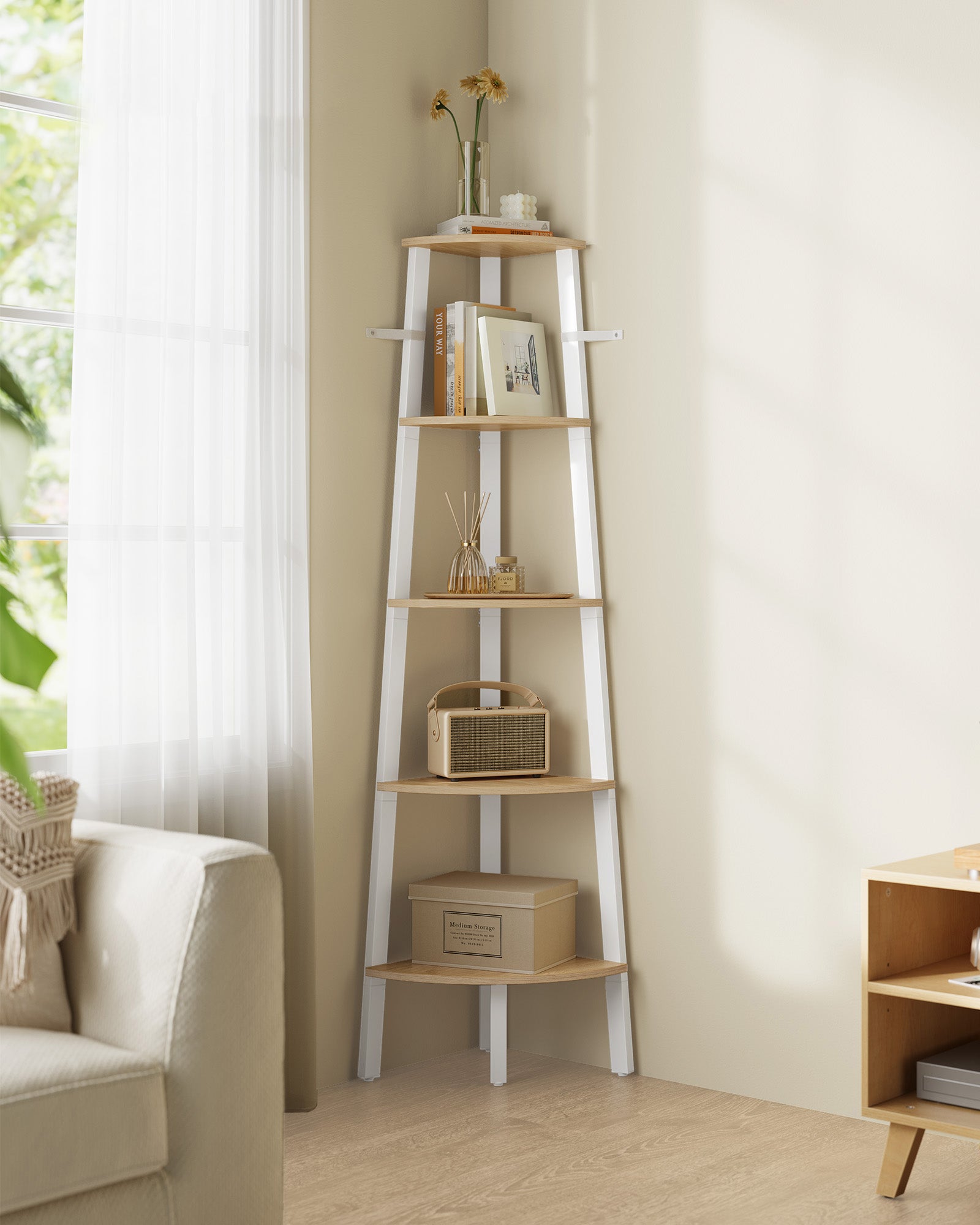 Boekenkast 5 Niveaus Industrieel Naturel Eiken Kleur Mat Wit