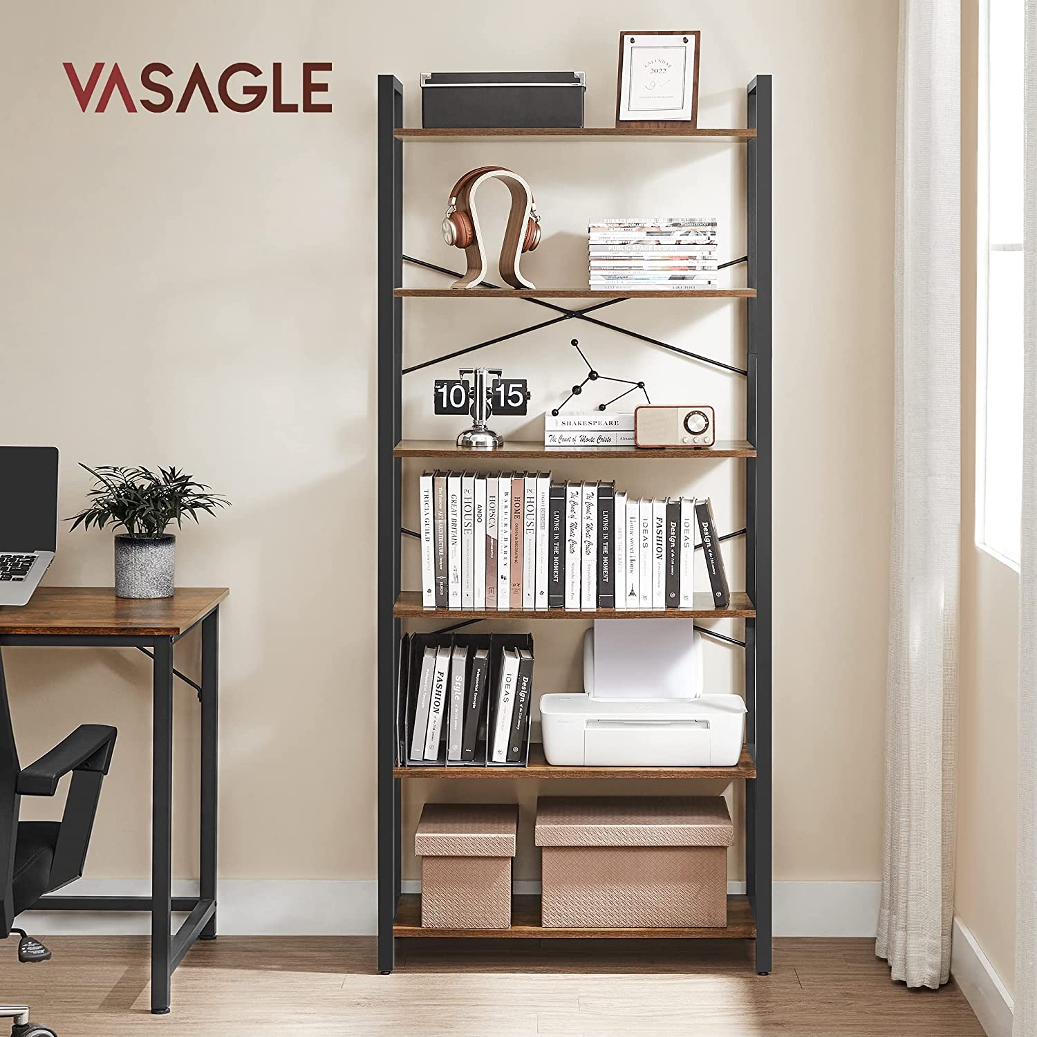 Boekenkast met 6 open planken – Hoogwaardig spaanplaat – 80 x 30 x 186 cm – Met kantelbeveiliging
