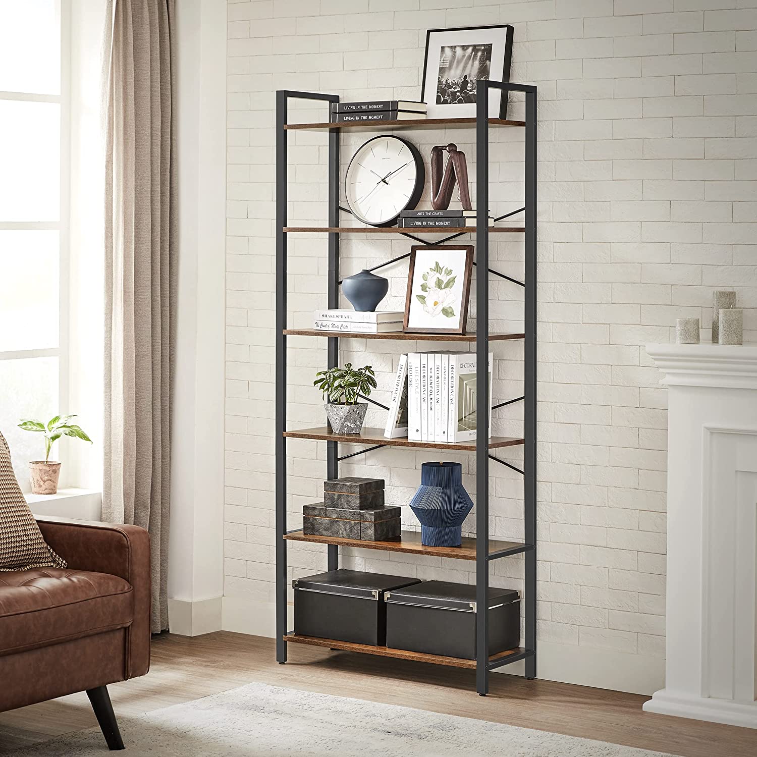 Boekenkast - 6 niveaus - 30 x 120 x 172,5 cm - Vintage Bruin / Zwart