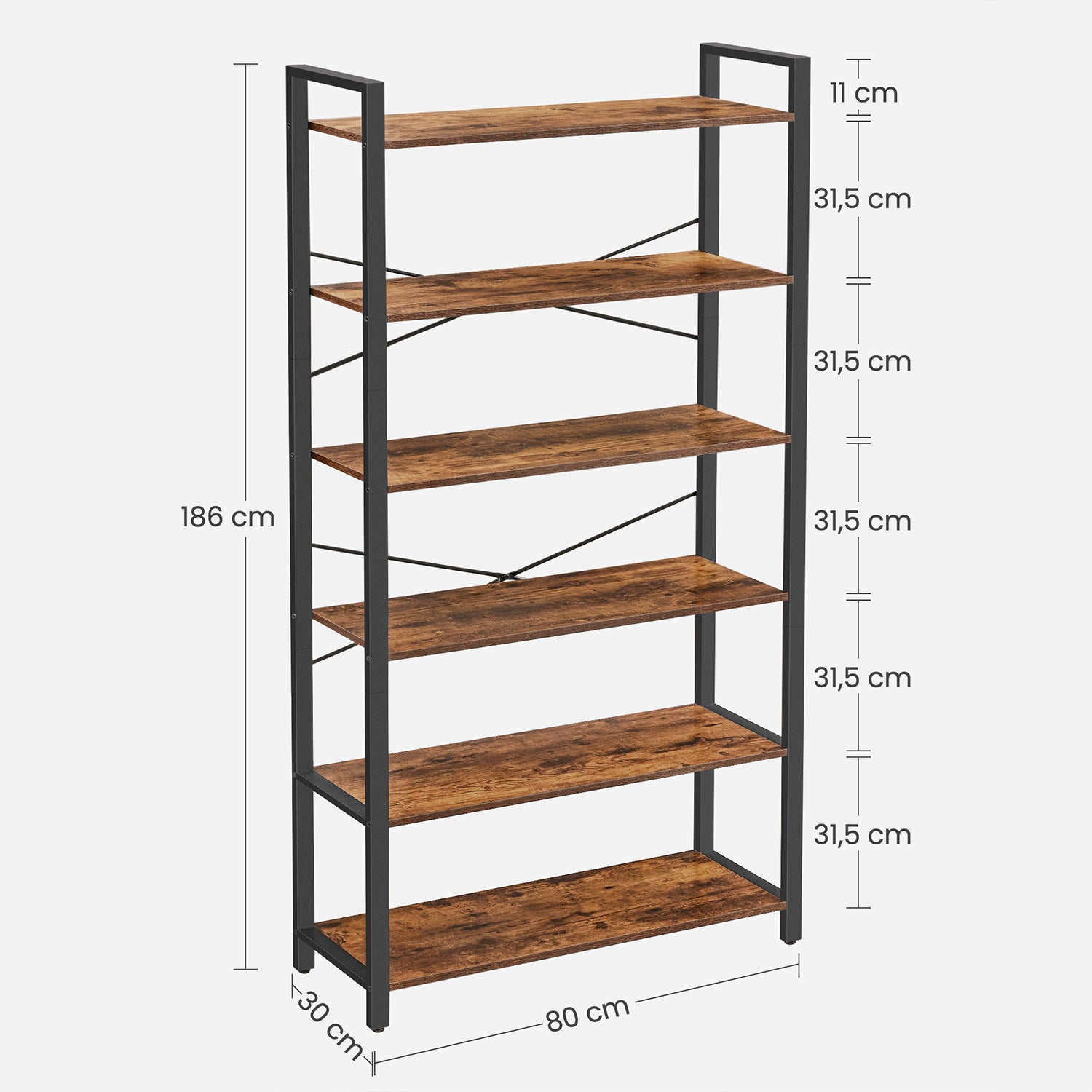 Boekenkast met 6 open planken – Hoogwaardig spaanplaat – 80 x 30 x 186 cm – Met kantelbeveiliging