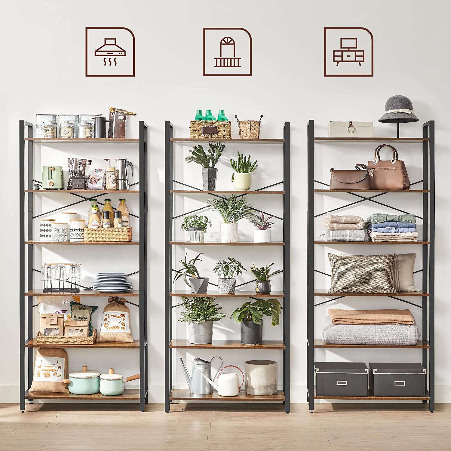Boekenkast - 6 niveaus - 30 x 120 x 172,5 cm - Vintage Bruin / Zwart