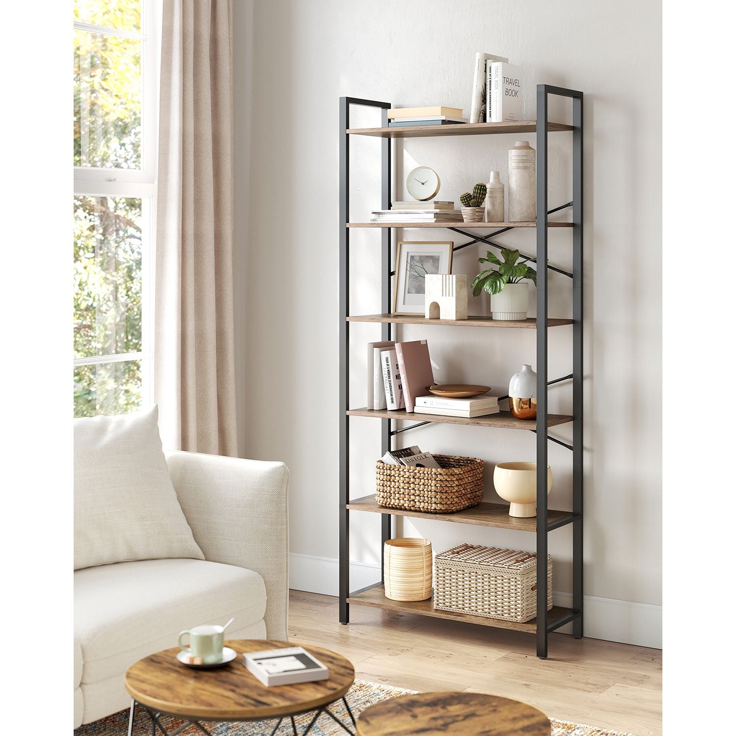 Boekenkast – 6 niveaus – 30 x 80 x 186 cm – donker walnoot-zwart