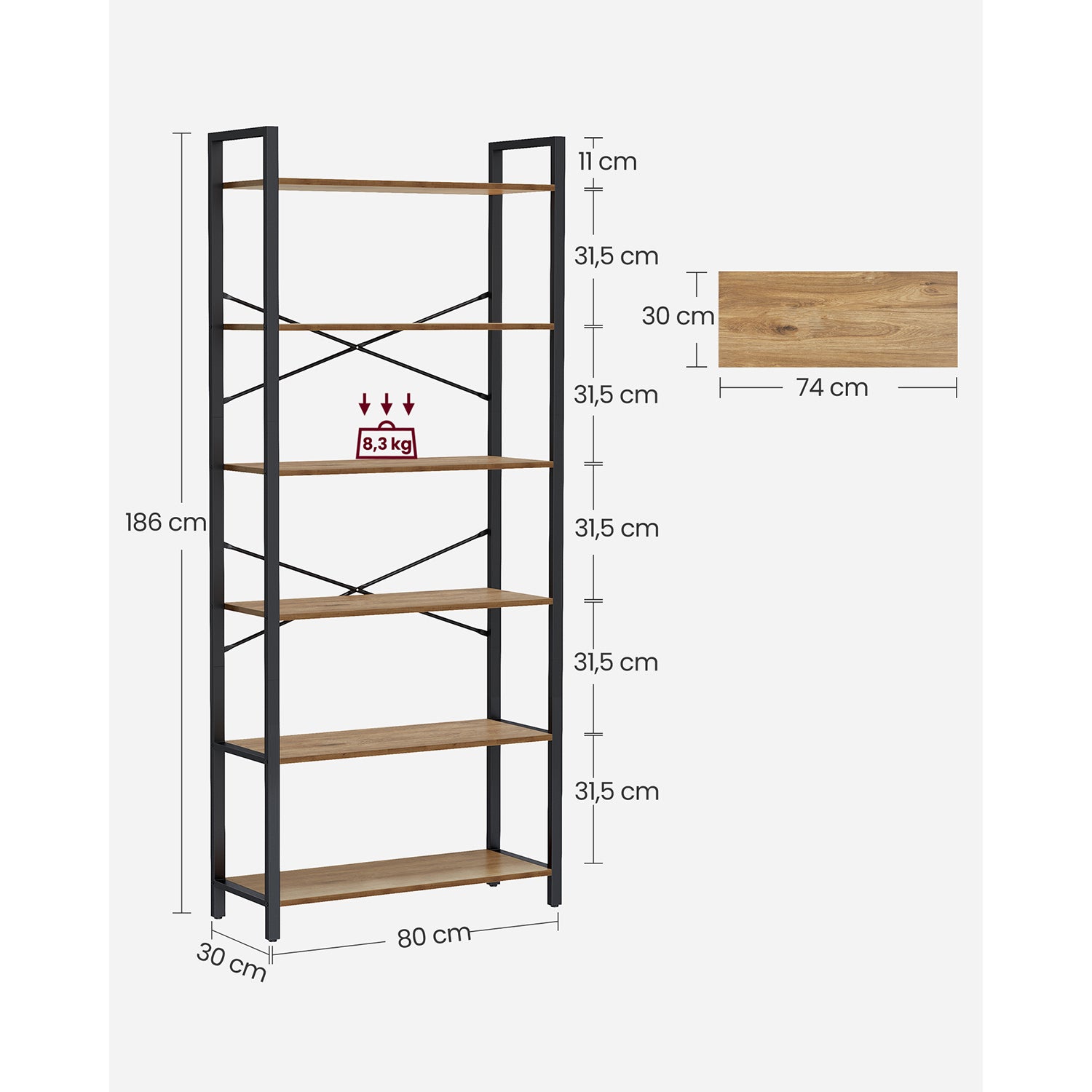 Boekenkast – 6 niveaus – 30 x 80 x 186 cm – donker walnoot-zwart