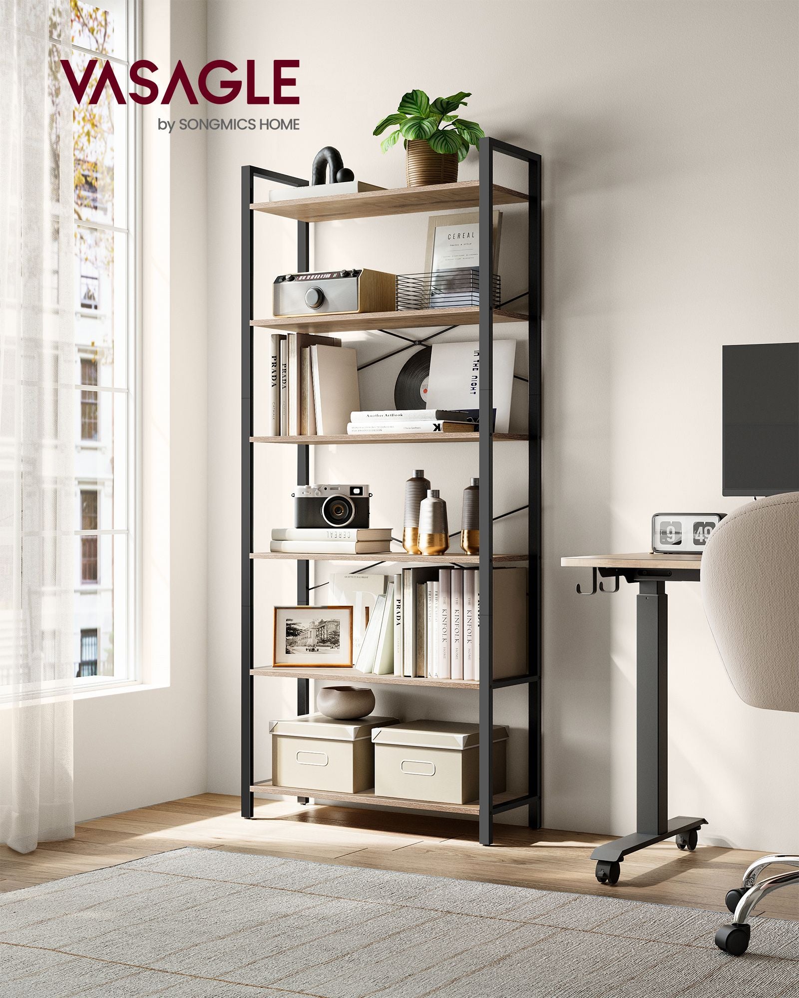 Boekenkast – 6 niveaus – industrieel design – camelbruin-inktzwart