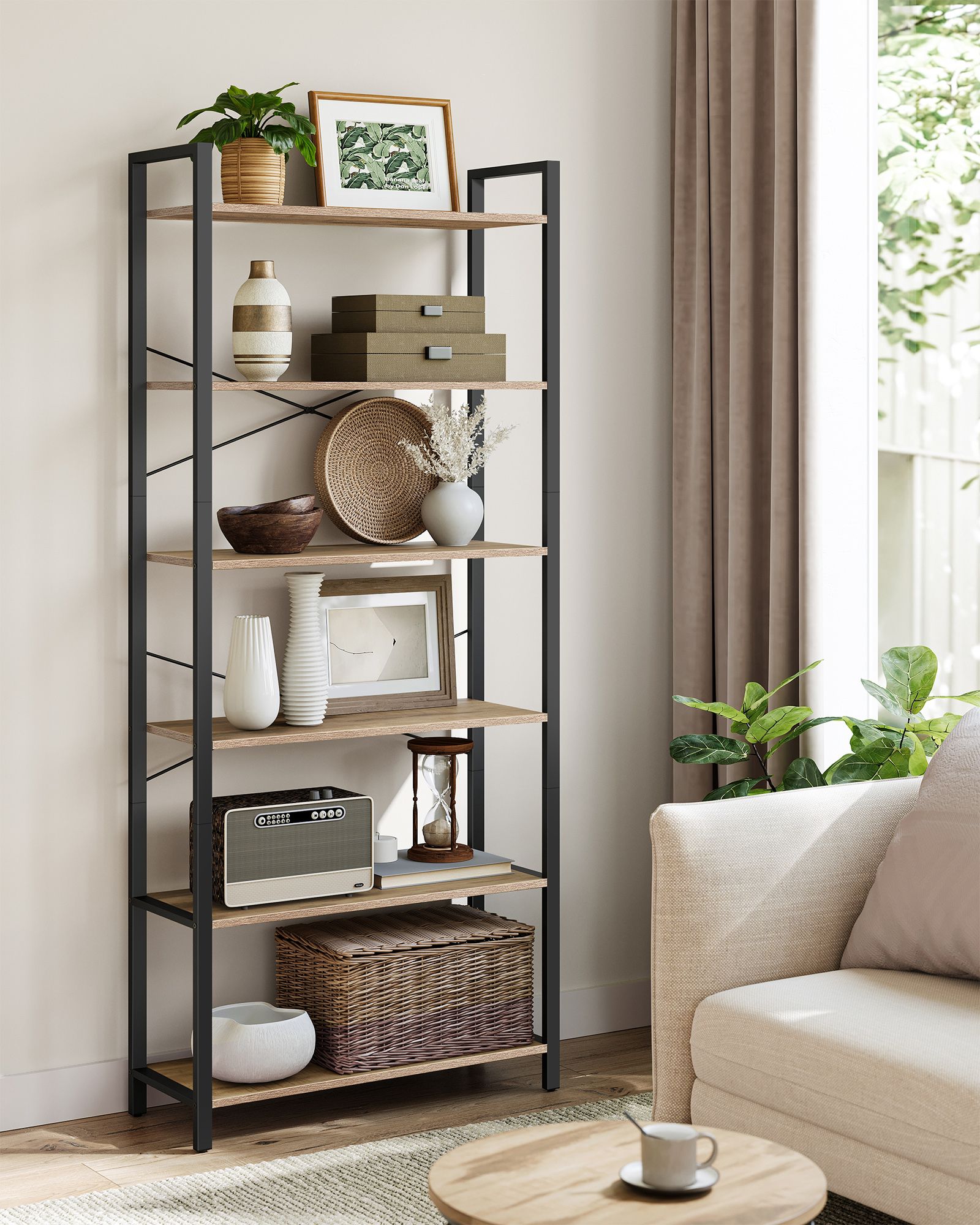 Boekenkast – 6 niveaus – industrieel design – camelbruin-inktzwart
