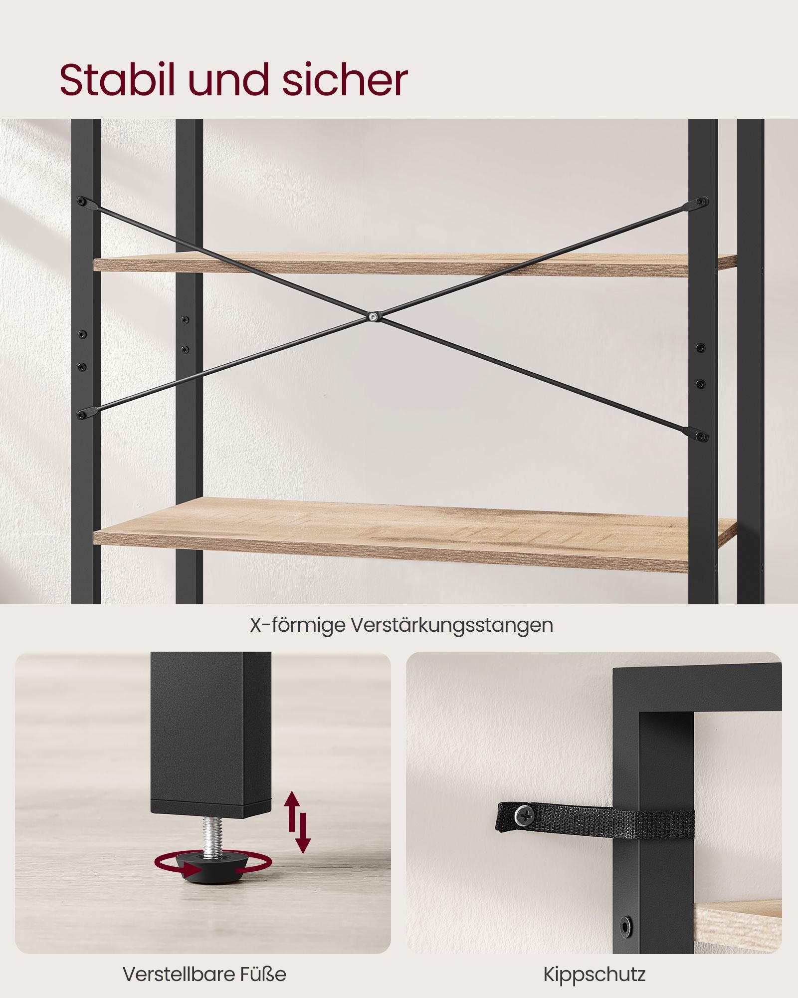 Boekenkast – 6 niveaus – industrieel design – camelbruin-inktzwart