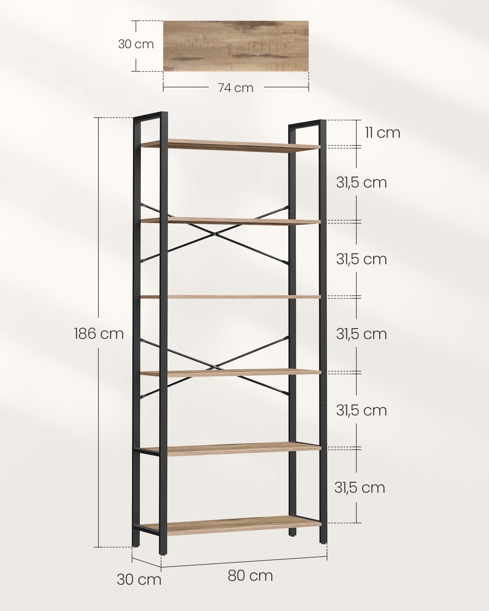 Boekenkast – 6 niveaus – industrieel design – camelbruin-inktzwart