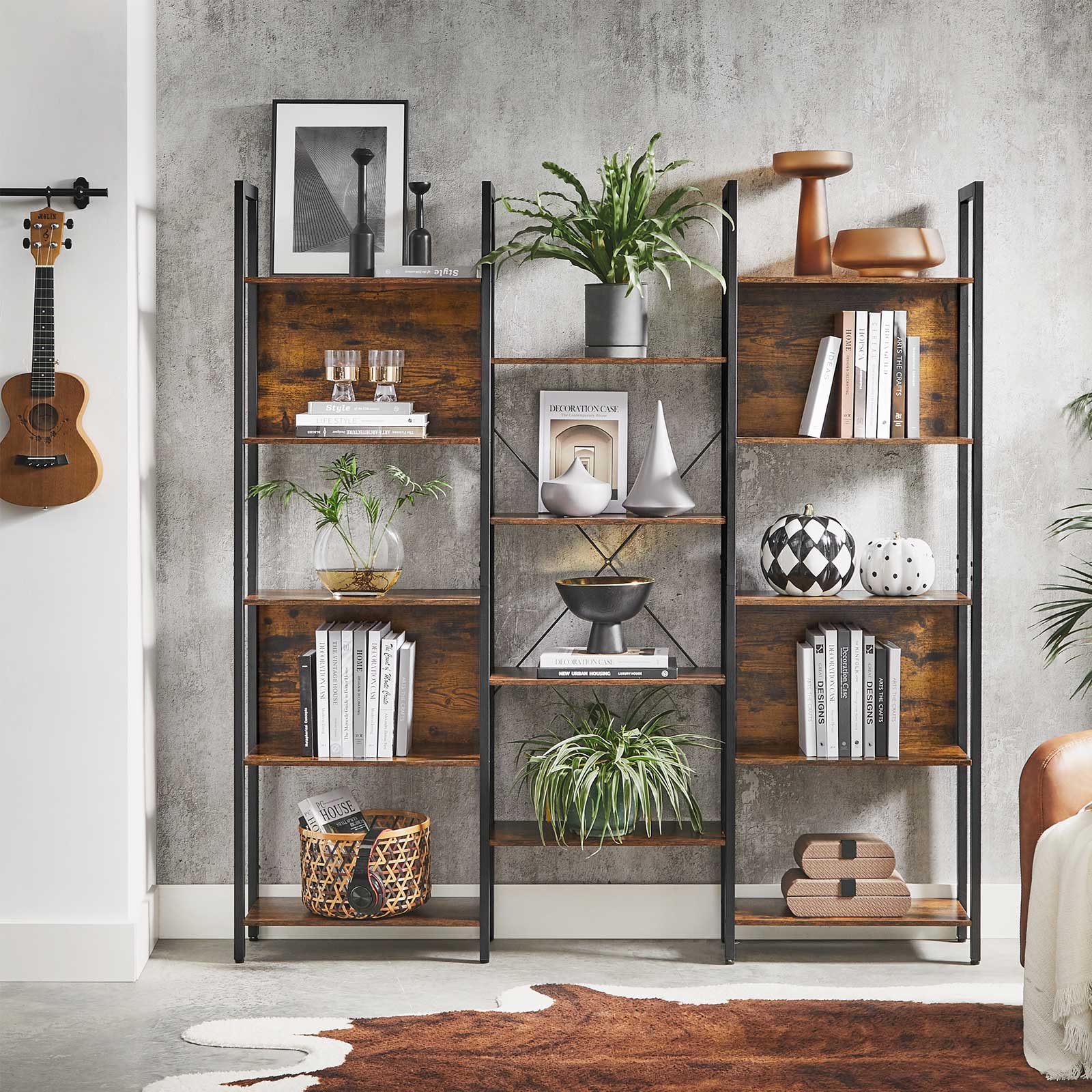 Boekenkast - Ladderkast - Woonkamerkast - Decorkast - Vintage Bruin / Zwart