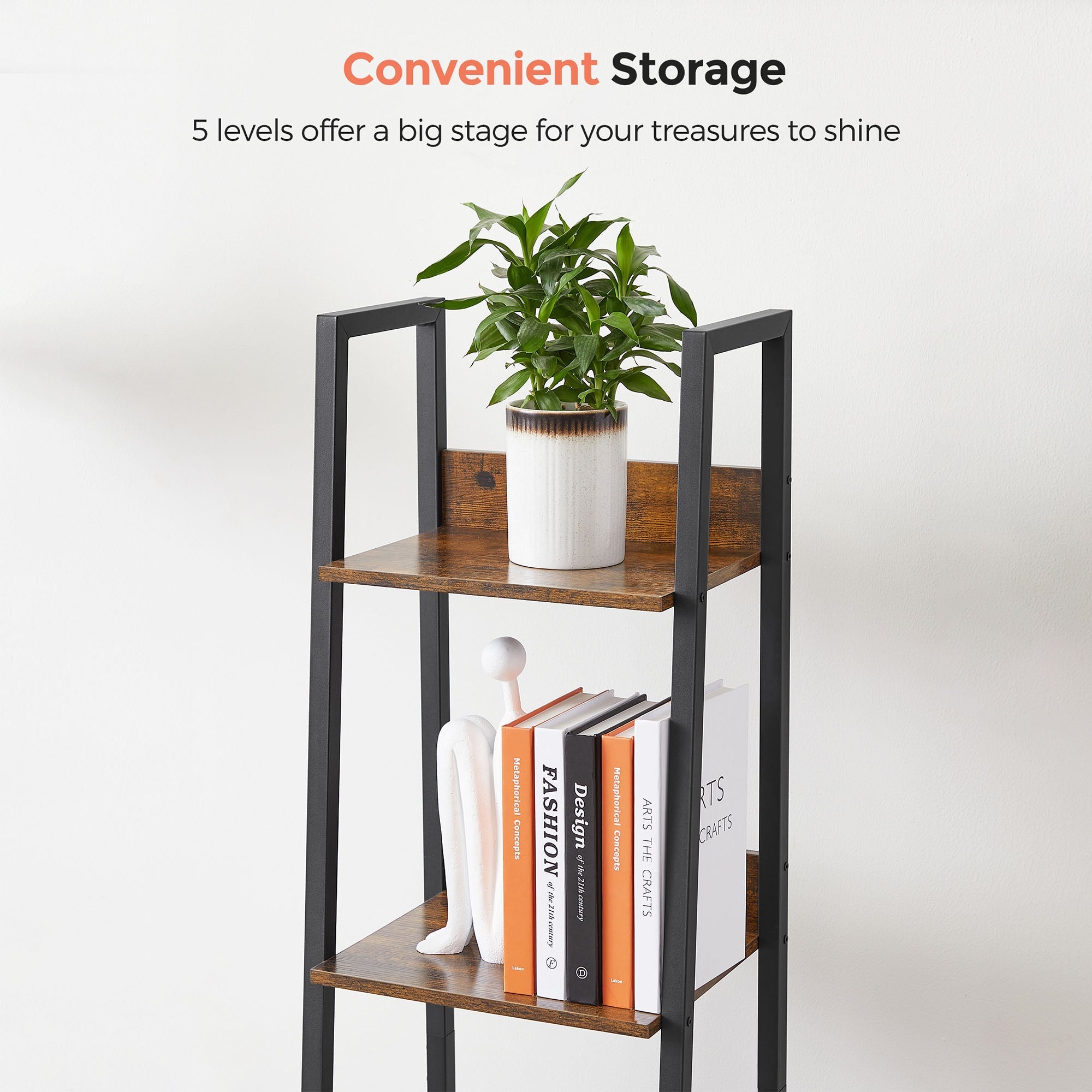 Boekenkast - Ladderplank - Met 5 legplanken - Metalen frame - Bruin / Zwart