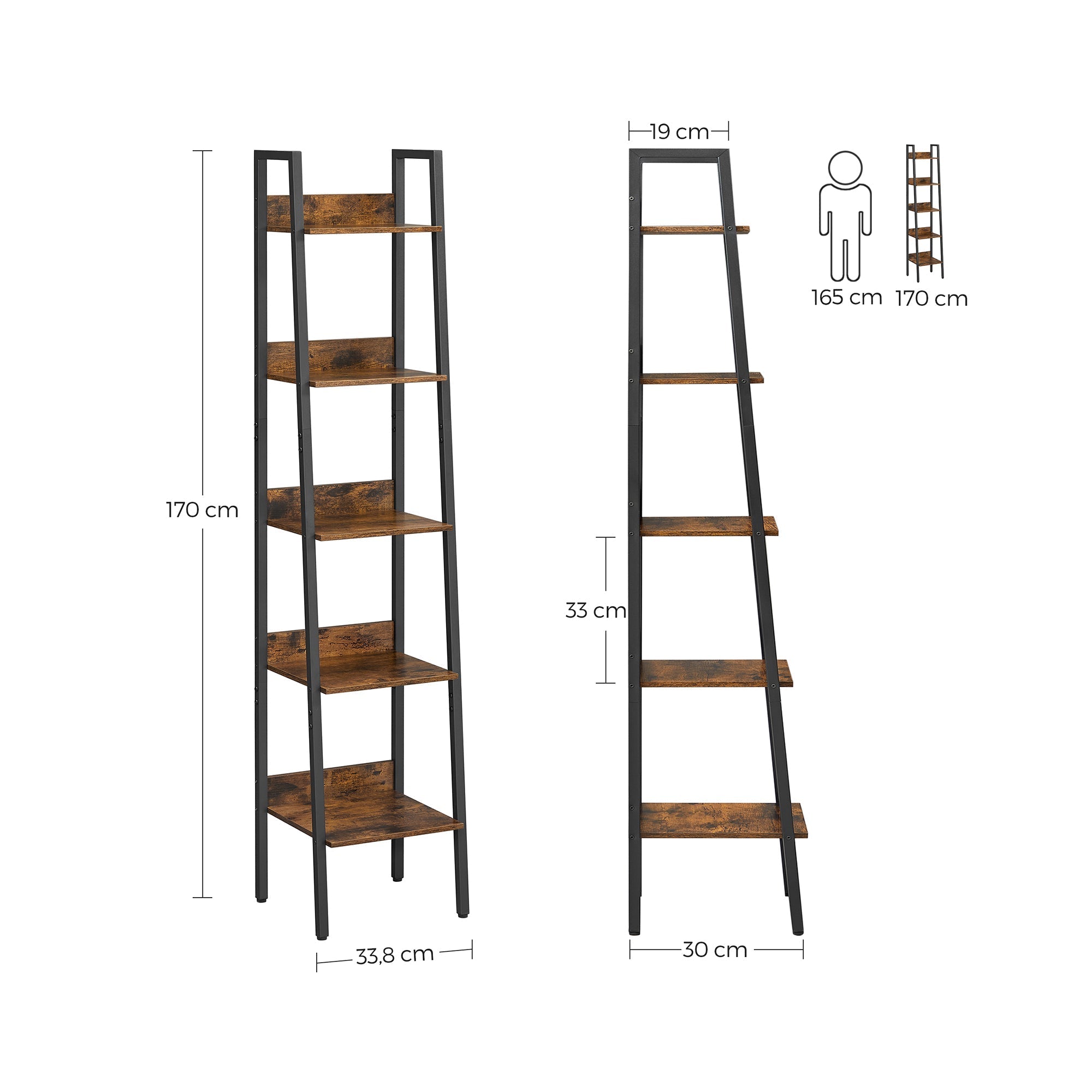 Boekenkast - Ladderplank - Met 5 legplanken - Metalen frame - Bruin / Zwart