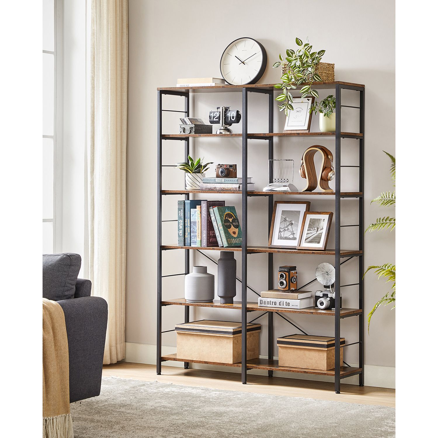 Boekenkast - 6 niveaus - 30 x 120 x 172,5 cm - Vintage Bruin / Zwart