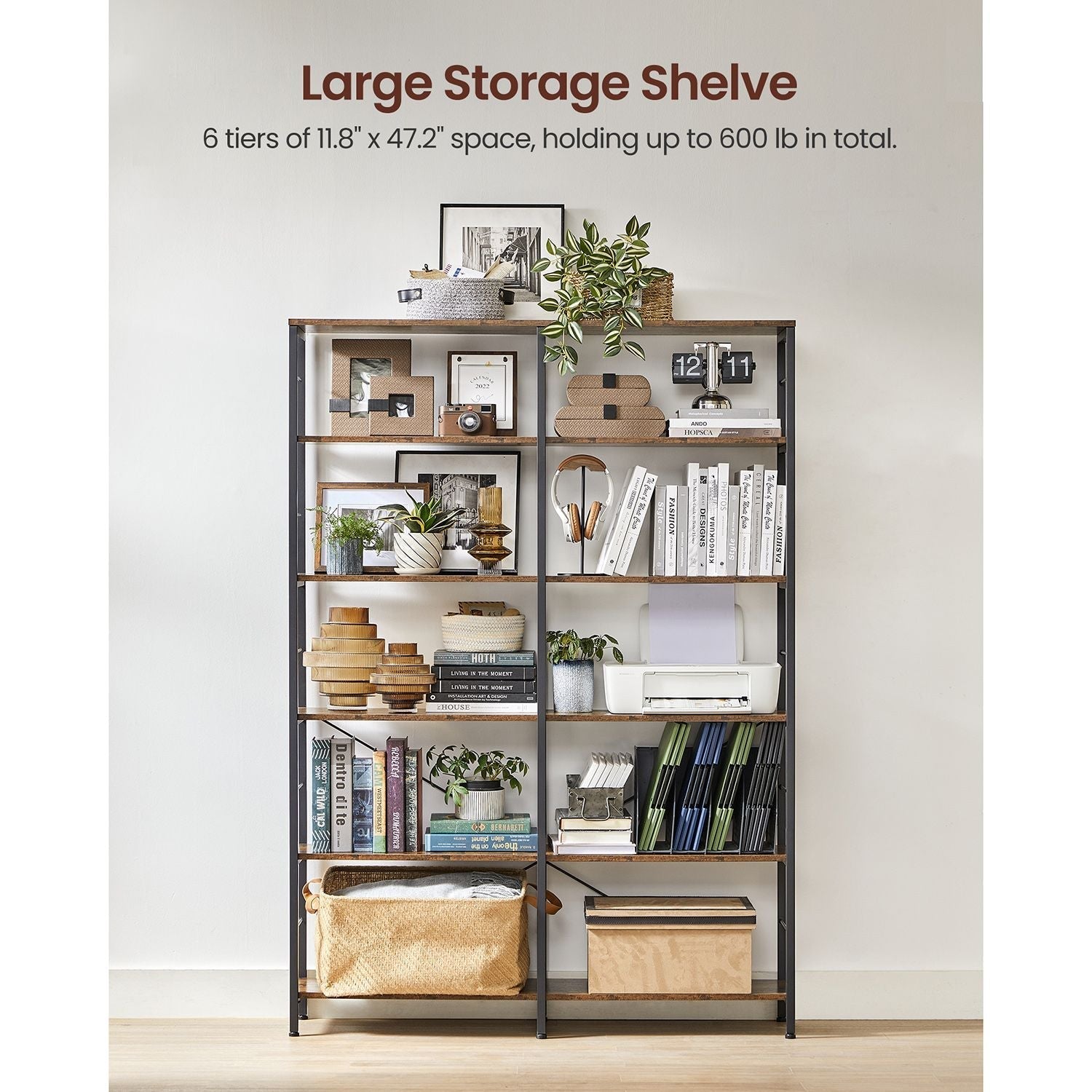 Boekenkast - 6 niveaus - 30 x 120 x 172,5 cm - Vintage Bruin / Zwart