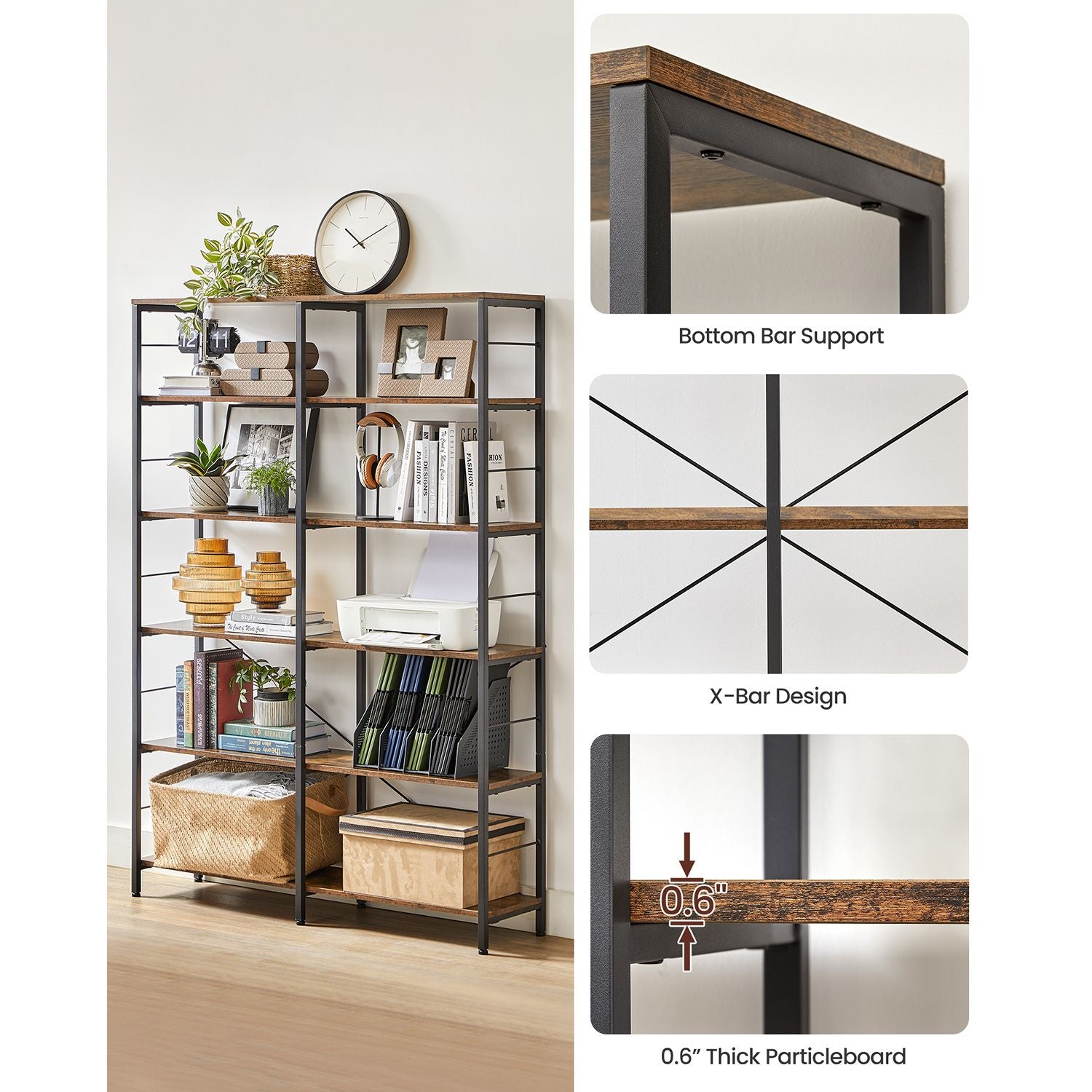 Boekenkast - 6 niveaus - 30 x 120 x 172,5 cm - Vintage Bruin / Zwart