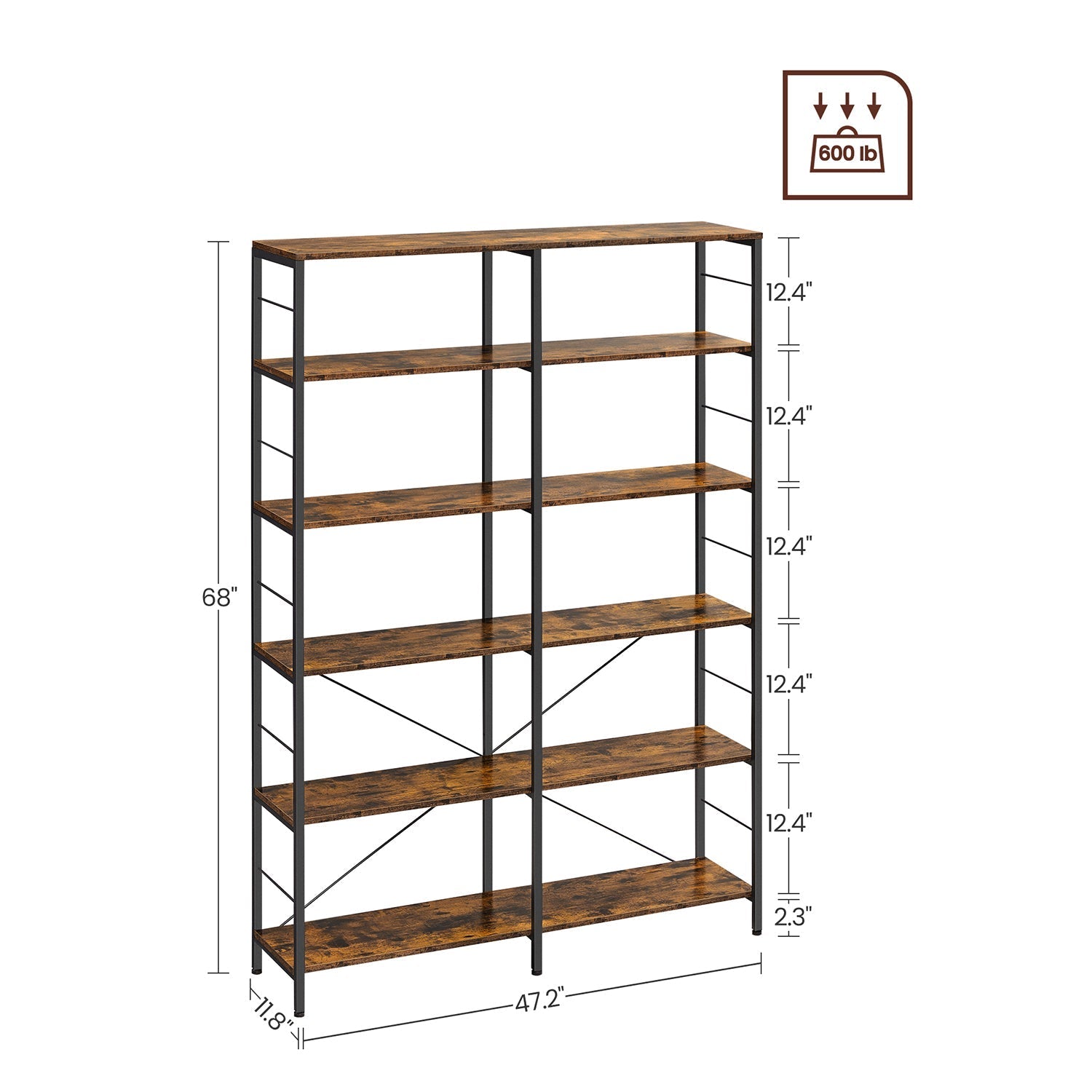 Boekenkast - 6 niveaus - 30 x 120 x 172,5 cm - Vintage Bruin / Zwart