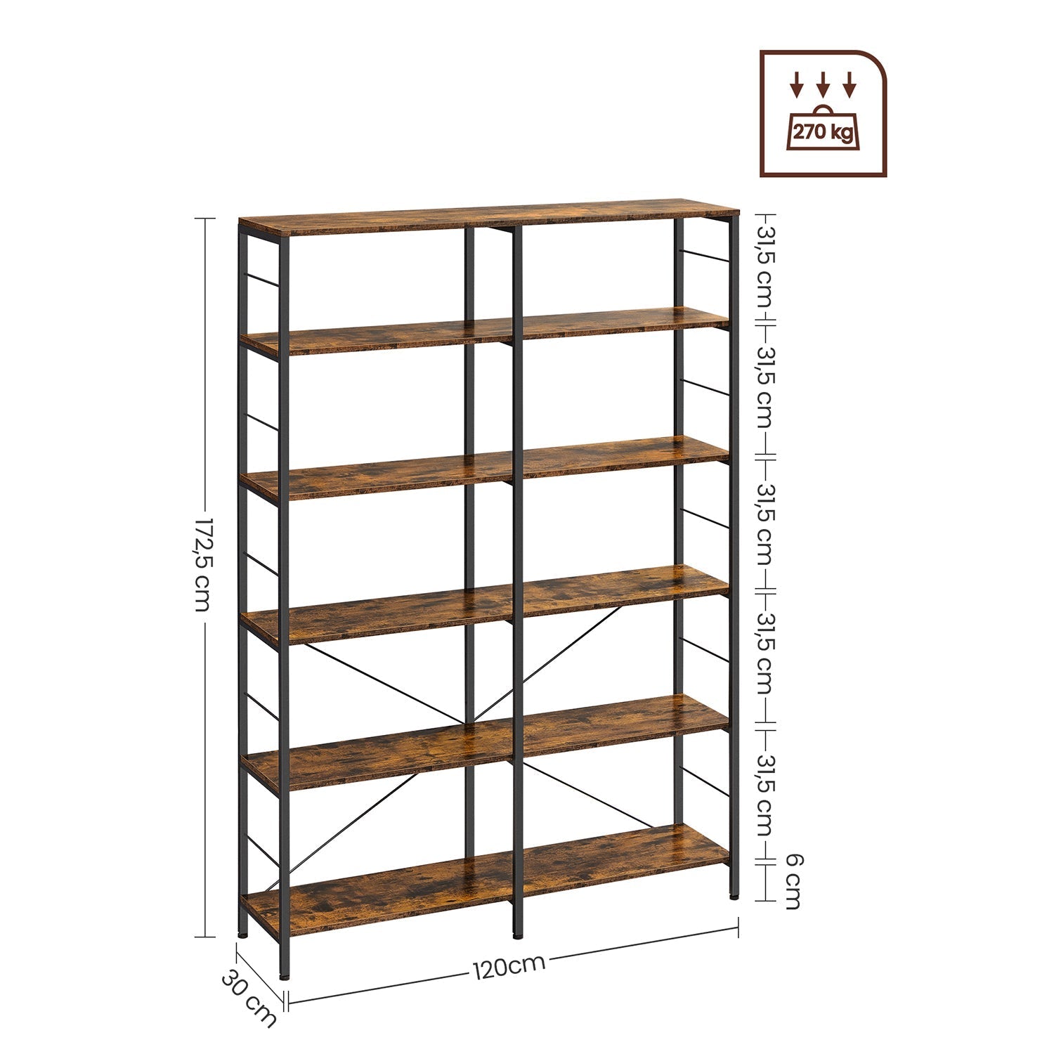Boekenkast - 6 niveaus - 30 x 120 x 172,5 cm - Vintage Bruin / Zwart