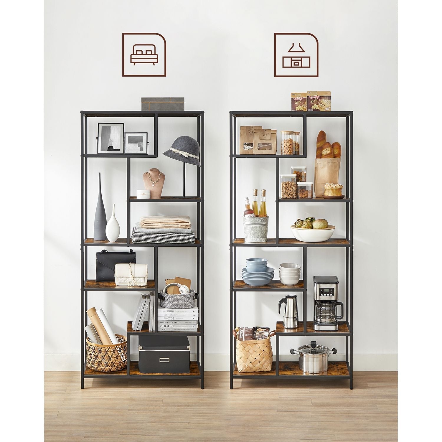 Boekenkast met 6 niveaus – Verstelbare planken – Spaanplaat en staal – Met kantelbeveiliging