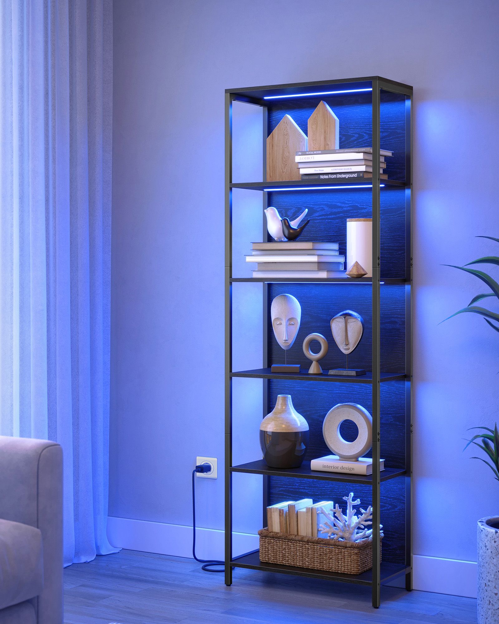 Boekenkast Met 6 Niveaus En Verlichting, 30 X 60 X 180 Cm