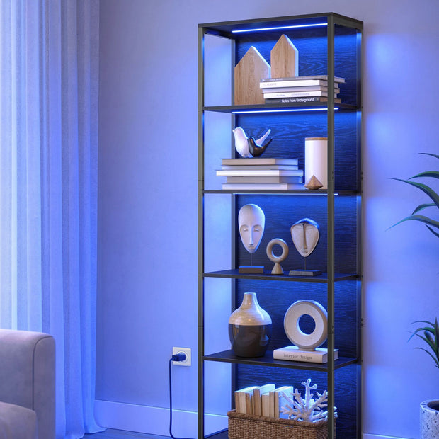 Boekenkast met LED-verlichting – 5 niveaus – 30,3 x 60 x 178,6 cm – Met kantelbeveiliging