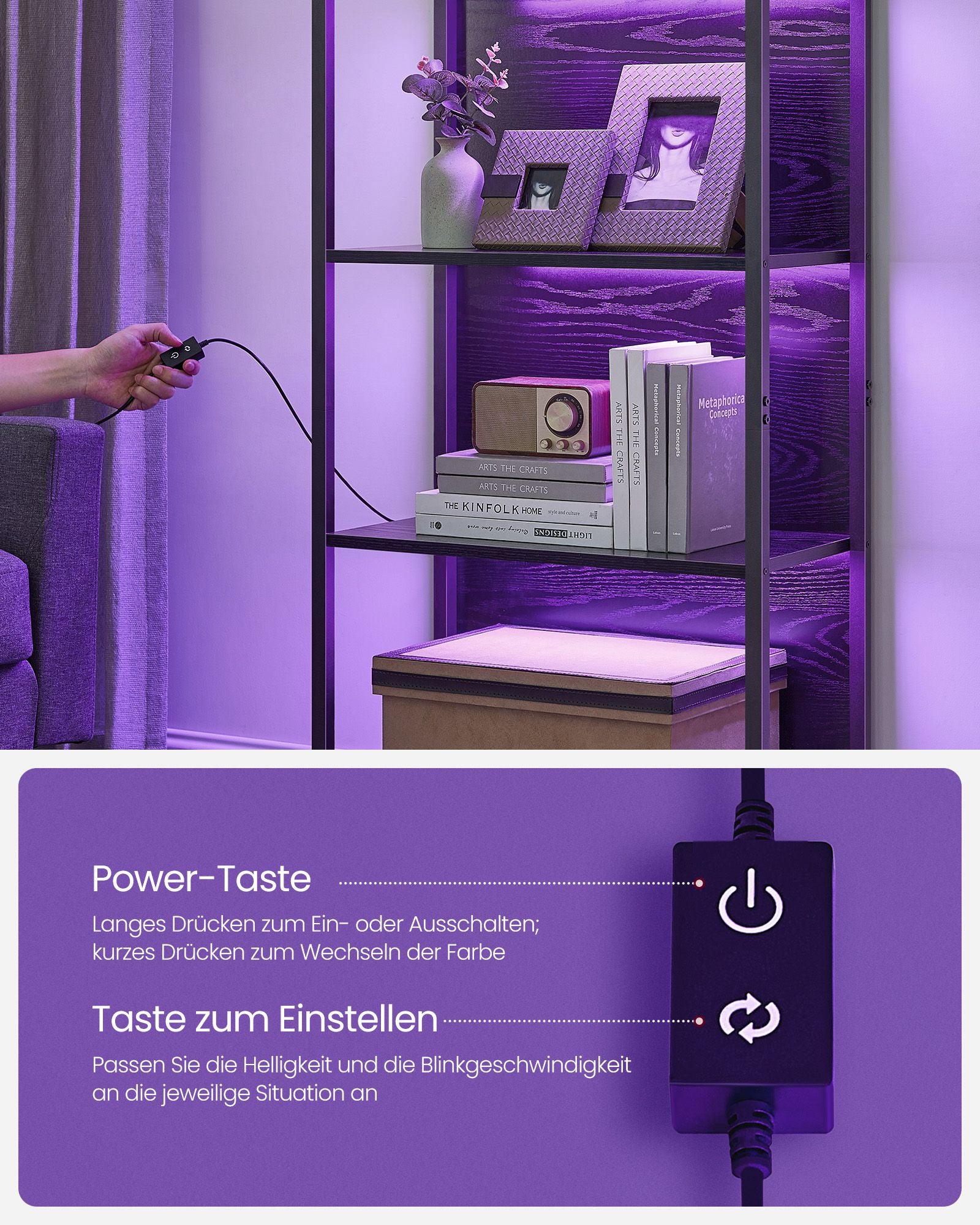 Boekenkast met LED-verlichting – 5 niveaus – 30,3 x 60 x 178,6 cm – Met kantelbeveiliging