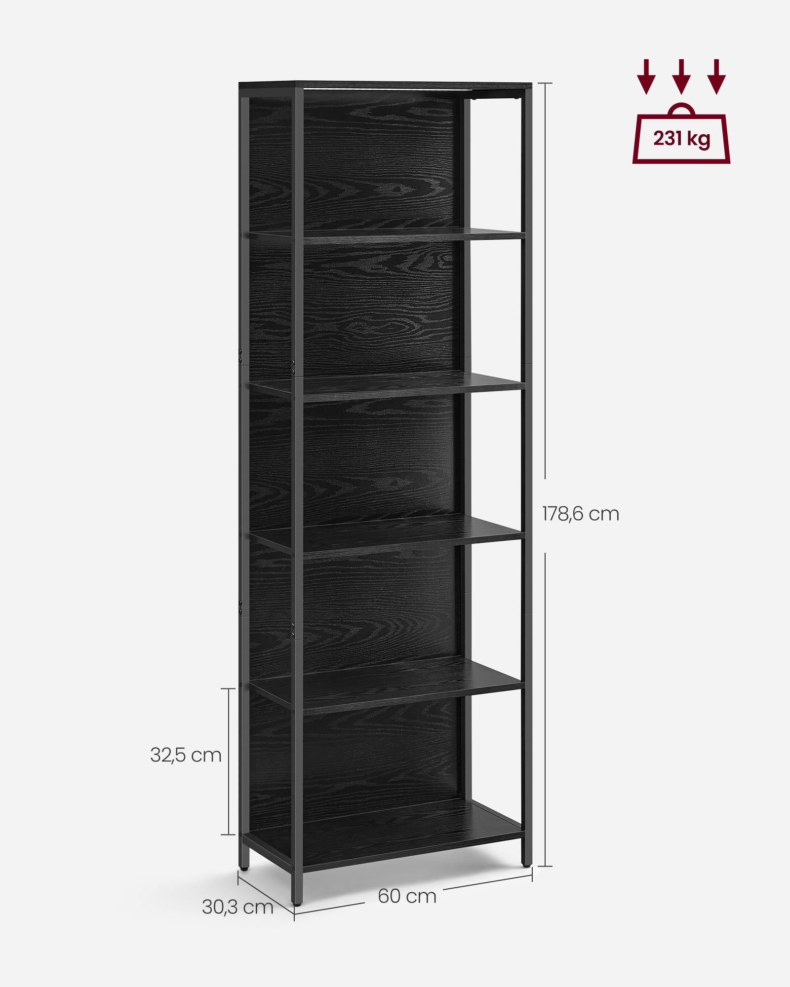 Boekenkast Met 6 Niveaus En Verlichting, 30 X 60 X 180 Cm