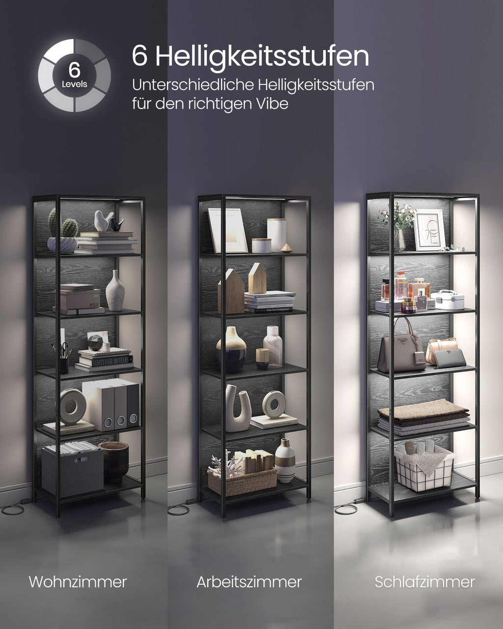 Boekenkast Met 6 Niveaus En Verlichting, 30 X 60 X 180 Cm