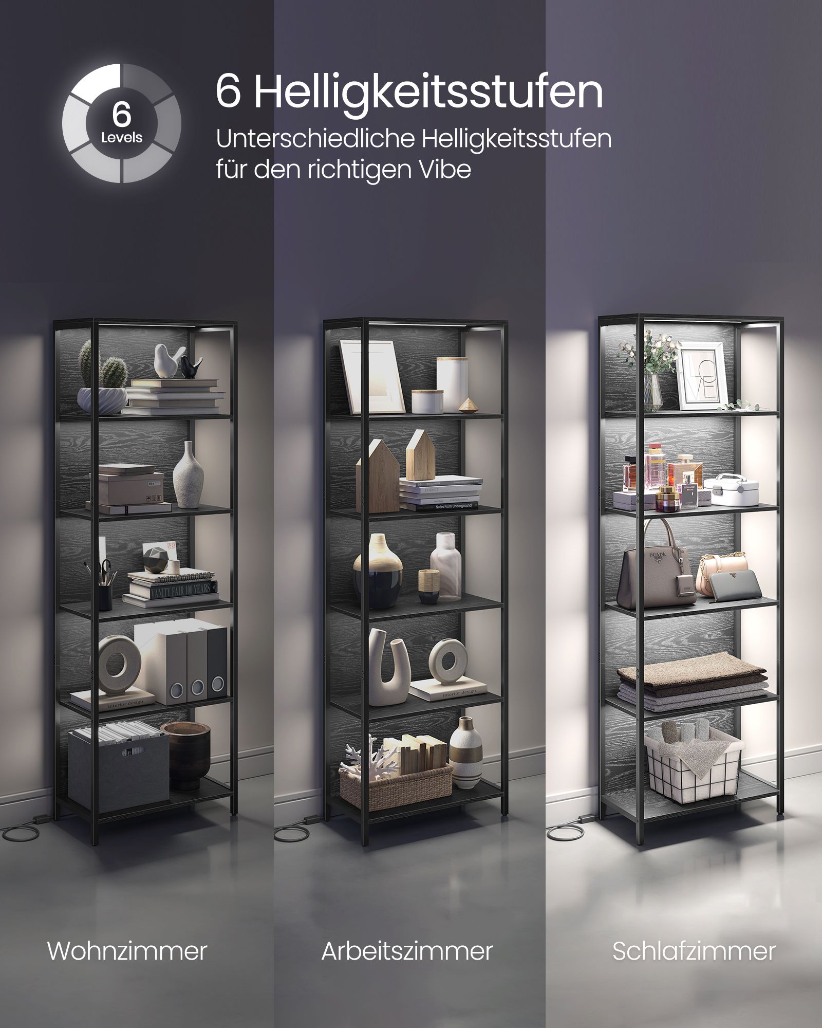 Boekenkast Met 6 Niveaus En Verlichting, 30 X 60 X 180 Cm