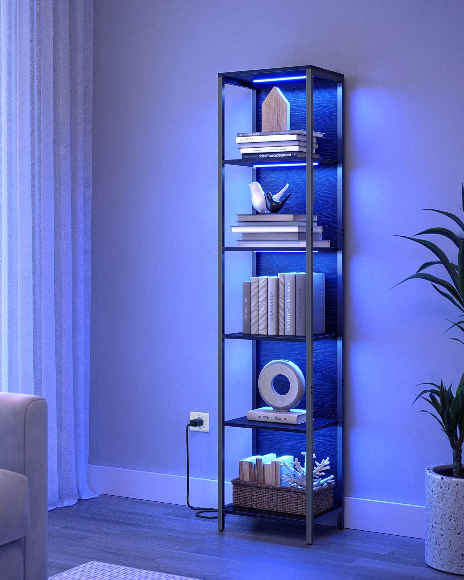 Boekenkast Met 6 Niveaus En Verlichting, 30 X 40 X 180 Cm